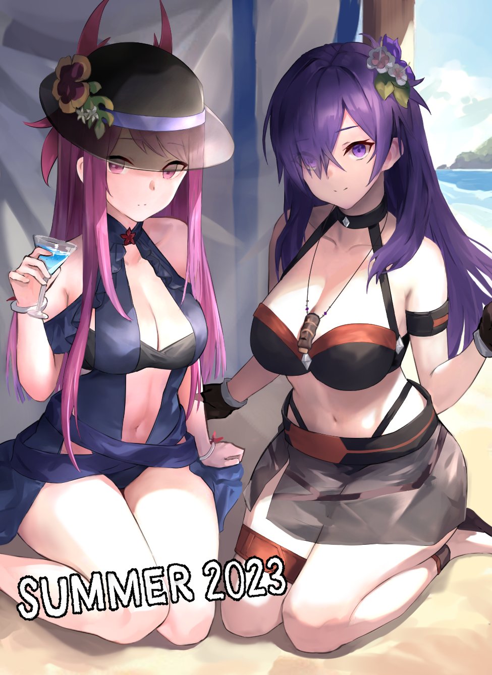 2023 2girls alternate_costume bare_shoulders beach bii_bii_(bronzeii002) bikini black_bikini black_choker black_hat black_swimsuit blue_one-piece_swimsuit blue_swimsuit casual_one-piece_swimsuit choker cleavage clothing_cutout commission dated dress_swimsuit drink english_text eyes_visible_through_hair female female_only fire_emblem fire_emblem:_three_houses fire_emblem_engage fire_emblem_heroes fire_emblem_warriors:_three_hopes flower flower_umbrella hair_flower hair_ornament hair_over_one_eye hat hat_flower highres ivy_(fire_emblem) ivy_(summer)_(fire_emblem) light-skinned_female light_skin long_hair looking_at_viewer medium_breasts multiple_girls nintendo official_alternate_costume one-piece_swimsuit purple_eyes purple_hair sandals see-through_headwear shez_(female)_(fire_emblem) shez_(female)_(summer)_(fire_emblem) shez_(fire_emblem) skeb_commission stomach_cutout summer swimsuit tropical_drink umbrella_flower white_flower