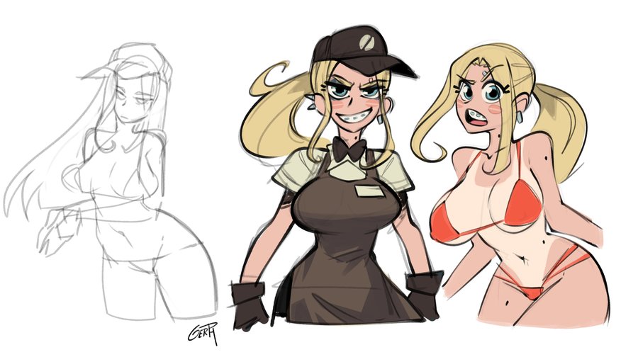 1girls, big breasts, bikini, bikini bottom, bikini top, blonde hair, blush, breasts, clothed, clothing, female, female focus, female only, frappe (gerph), gerph, green eyes, hat, large breasts, long hair, looking at viewer, open mouth, papillon, smile, solo, solo female, swimsuit, teeth, thick thighs, waitress