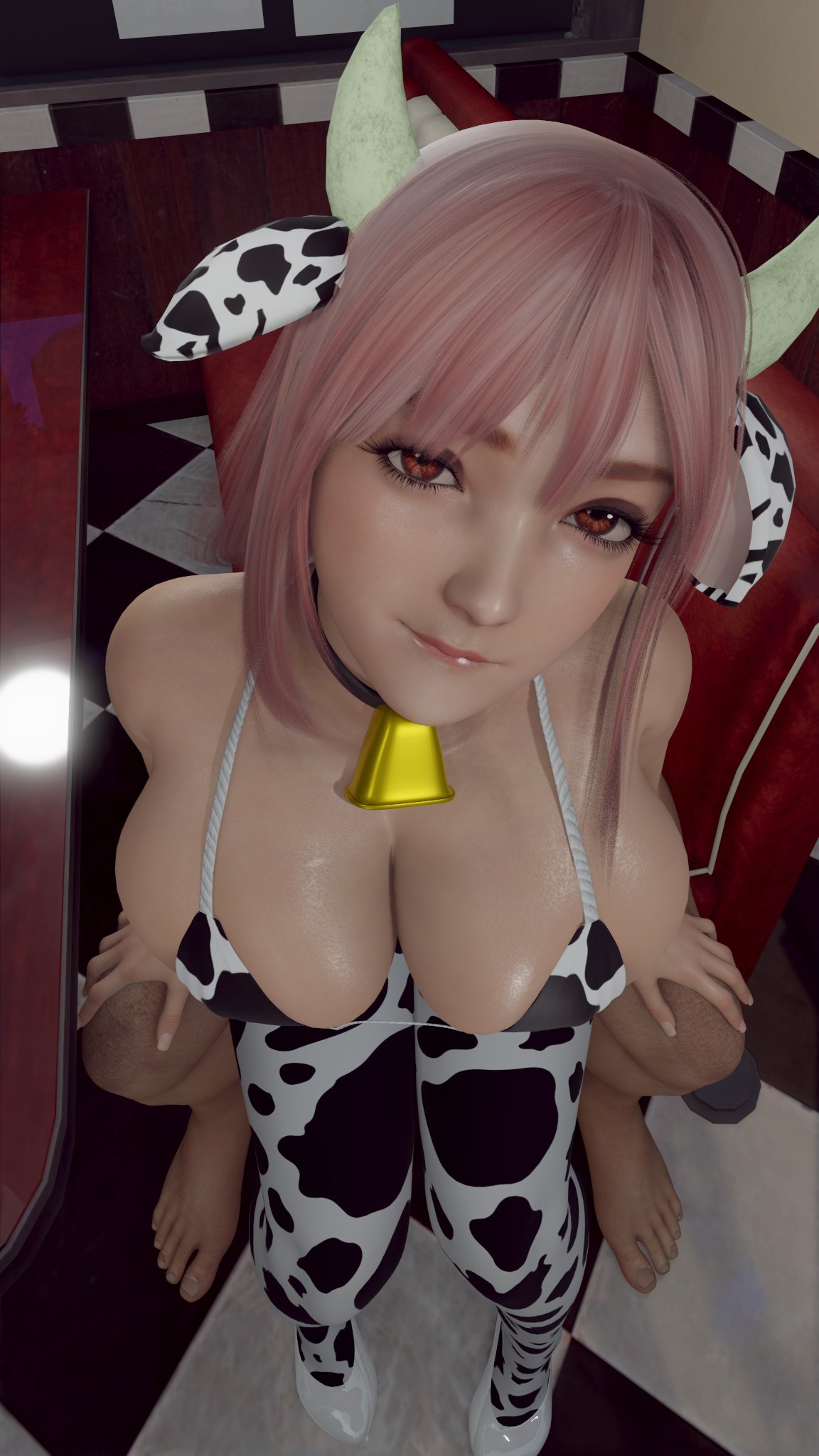 1boy 1girls 3d breasts cow_print dead_or_alive eye_fetish female hips honoka_(doa) huge_breasts implied_sex light-skinned_female light_skin long_hair male pink_hair red_eyes thick_thighs thighs wide_hips x3d