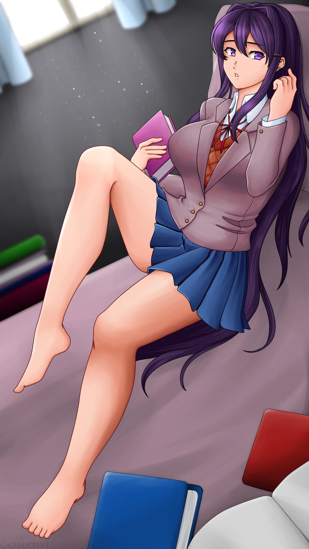 1girls 5_toes alternate_breast_size barefoot bed bedsheets big_breasts blue_skirt book books breasts claudski clothed_female clothes curtains doki_doki_literature_club female female_only full_body holding holding_book holding_object long_hair matching_hair/eyes no_shoes no_socks on_back pillow purple_eyes purple_hair relaxing school_uniform schoolgirl_uniform sitting sitting_on_bed solo solo_female toes uniform white_skin window yuri_(doki_doki_literature_club)