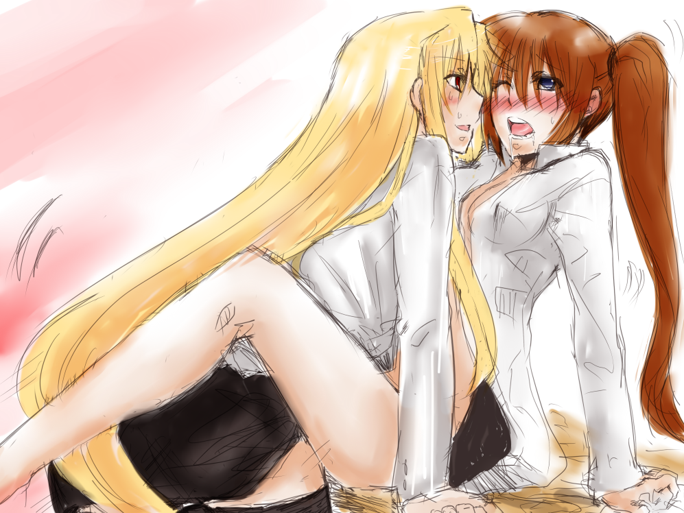 2girls ahe_gao blonde_hair blue_eyes blush bottomless brown_hair collared_shirt couple eye_contact fate_testarossa female fujinon_(izayoi) hair_ornament long_hair looking_at_another lyrical_nanoha mahou_senki_lyrical_nanoha_force mahou_shoujo_lyrical_nanoha mahou_shoujo_lyrical_nanoha_strikers mahou_shoujo_lyrical_nanoha_vivid military_uniform multiple_girls open_clothes open_shirt red_eyes saliva sitting sketch skirt table takamachi_nanoha uniform very_long_hair yuri