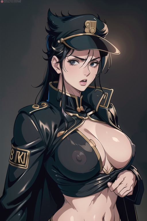 1girls ai_generated belly_button black_hair blue_eyes boob_window breasts clothed erect_nipples female female_jotaro hat human jojo's_bizarre_adventure jotaro_kujo light-skinned_female light_skin long_hair open_mouth rule_63 shounen_jump simple_background stardust_crusaders