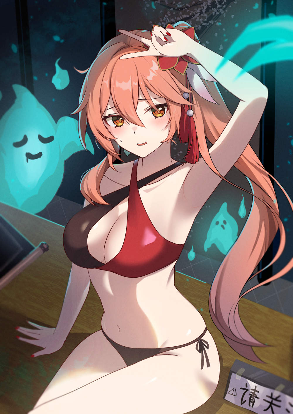 1girls, bikini, female, female only, ghost, guinaifen (honkai: star rail), honkai: star rail, long hair, orange eyes, orange hair, ponytail, sitting, solo, solo female