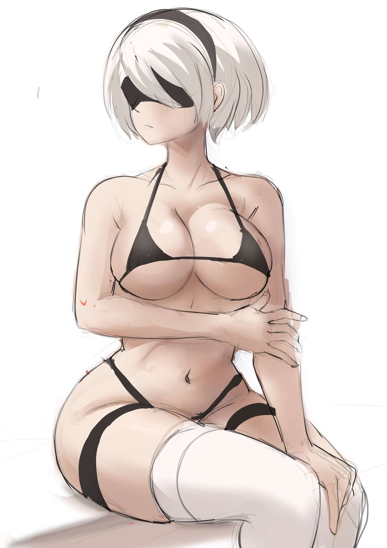 1girls, android, belly button, big breasts, bikini, breasts, female, nier, nier (series), nier: automata, rakeemspoon, solo, solo female, solo focus, white hair, yorha 2b