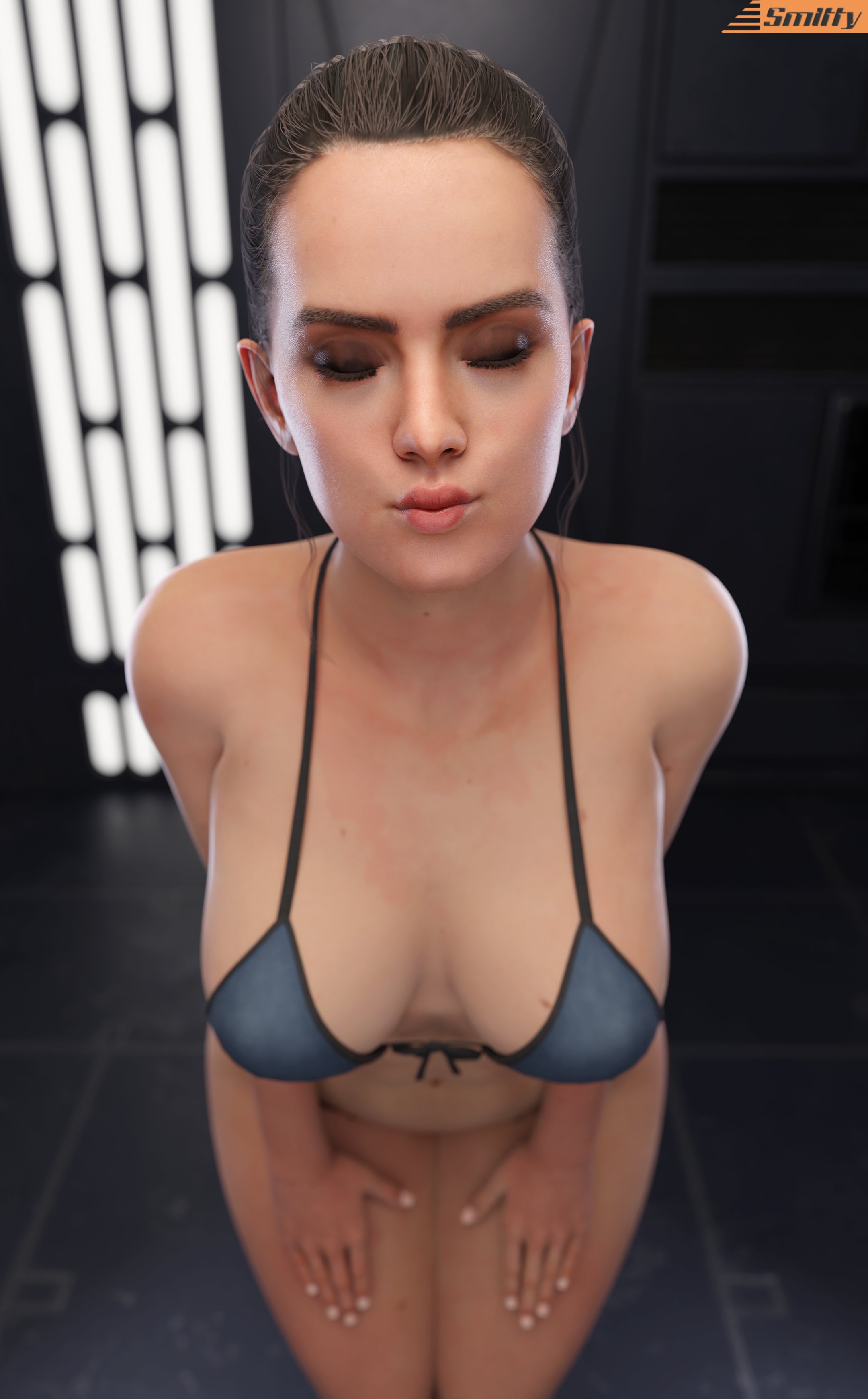 1girls, 2024, 3d, 9:16, absurd res, bikini, bikini top, breasts, brown hair, closed eyes, closed mouth, daisy ridley, eyeshadow, female, female only, hands on thighs, hi res, human, indoors, inside, kiss, kissing, large breasts, leaning forward, light skin, light-skinned female, makeup, partially clothed, rey, smitty34, solo, solo female, standing, star wars, thighs