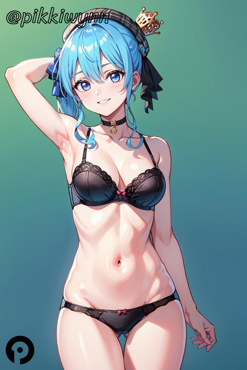 ai_generated arm_behind_head arm_up armpits ass_visible_through_thighs bangs beret black_bra black_choker black_panties blue_eyes blue_hair blush bow bra breasts choker cleavage collarbone cowboy_shot crown female hair_between_eyes hat hololive hololive_gen_0 hololive_japan hoshimachi_suisei looking_at_viewer medium_breasts navel panties pikkiwynn ribbon side_ponytail smile solo star_(symbol) star_in_eye stomach symbol_in_eye thigh_gap underwear underwear_only virtual_youtuber