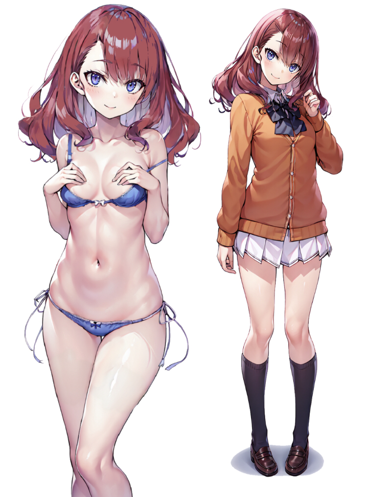 1girls ai_generated belly_button black_socks blue_bra blue_eyes blue_panties blue_ribbon blue_underwear bow_bra bow_panties bra brown_loafers classroom_of_the_elite female indigo_eyes knee_socks kneehighs kneesocks light-skinned_female light_skin loafers looking_at_viewer medium_hair orange_jacket pale-skinned_female pale_skin panties posing_for_the_viewer red_hair satou_maya_(cote) school_uniform schoolgirl small_breasts smiling_at_viewer socks solo stomach white_background white_skirt wsax youkoso_jitsuryoku_shijou_shugi_no_kyoushitsu_e