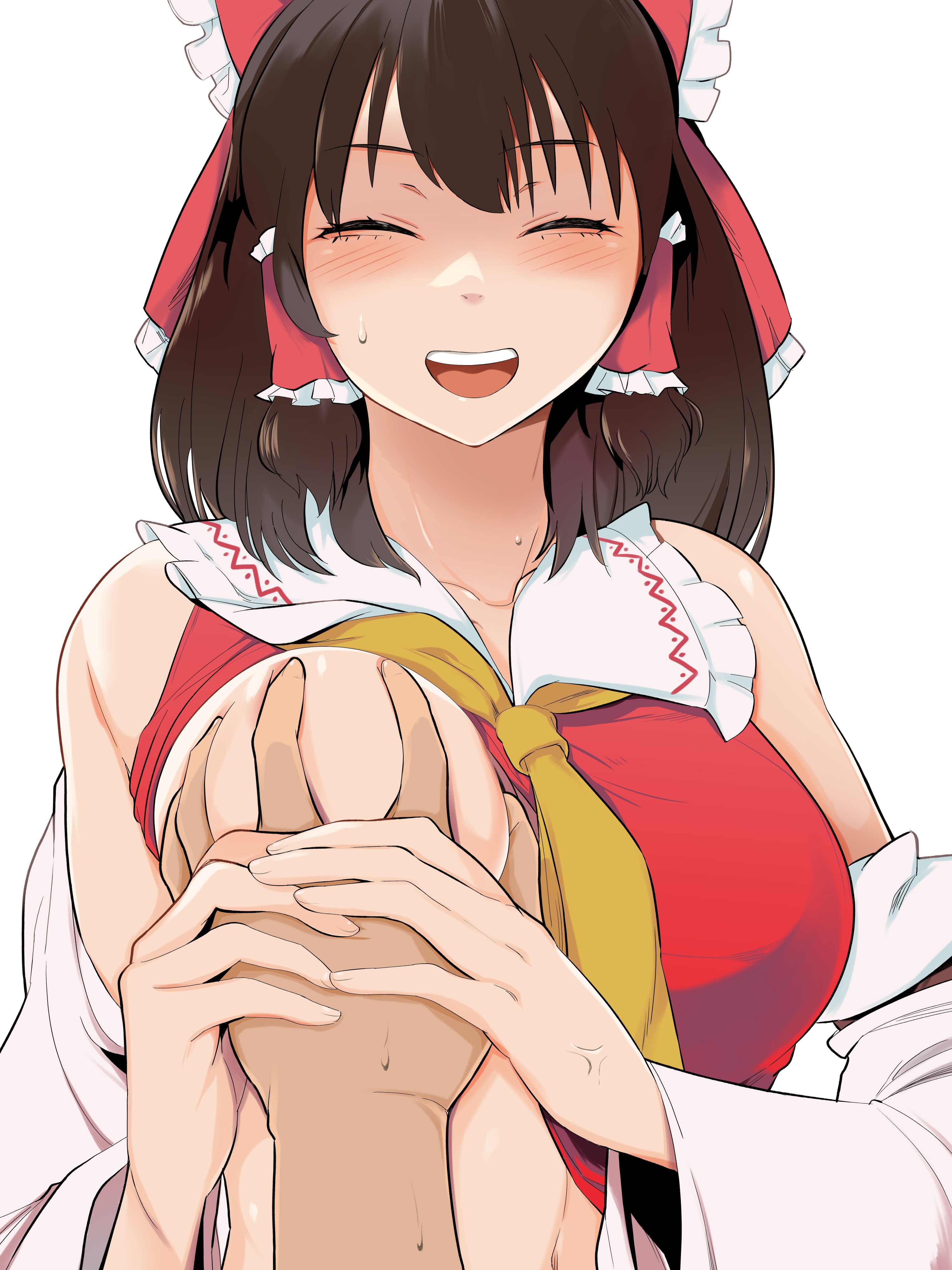 breast grab, breasts, brown hair, consensual, faceless male, female, hekiga (freelot), male, navel, open mouth, reimu hakurei, tagme, touhou