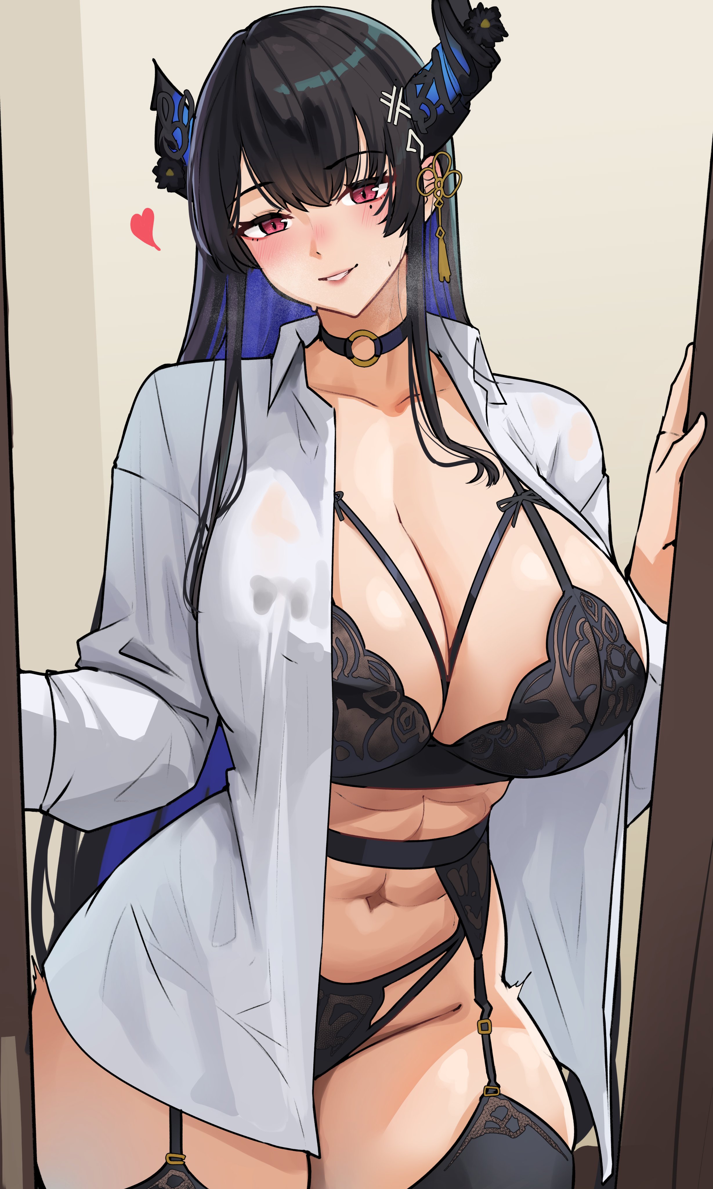 1girls, abs, black hair, bra, breasts, cromwellb, female, hi res, hololive, hololive english, hololive english -advent-, horns, huge breasts, light skin, light-skinned female, long hair, nerissa ravencroft, red eyes, virtual youtuber, wide hips