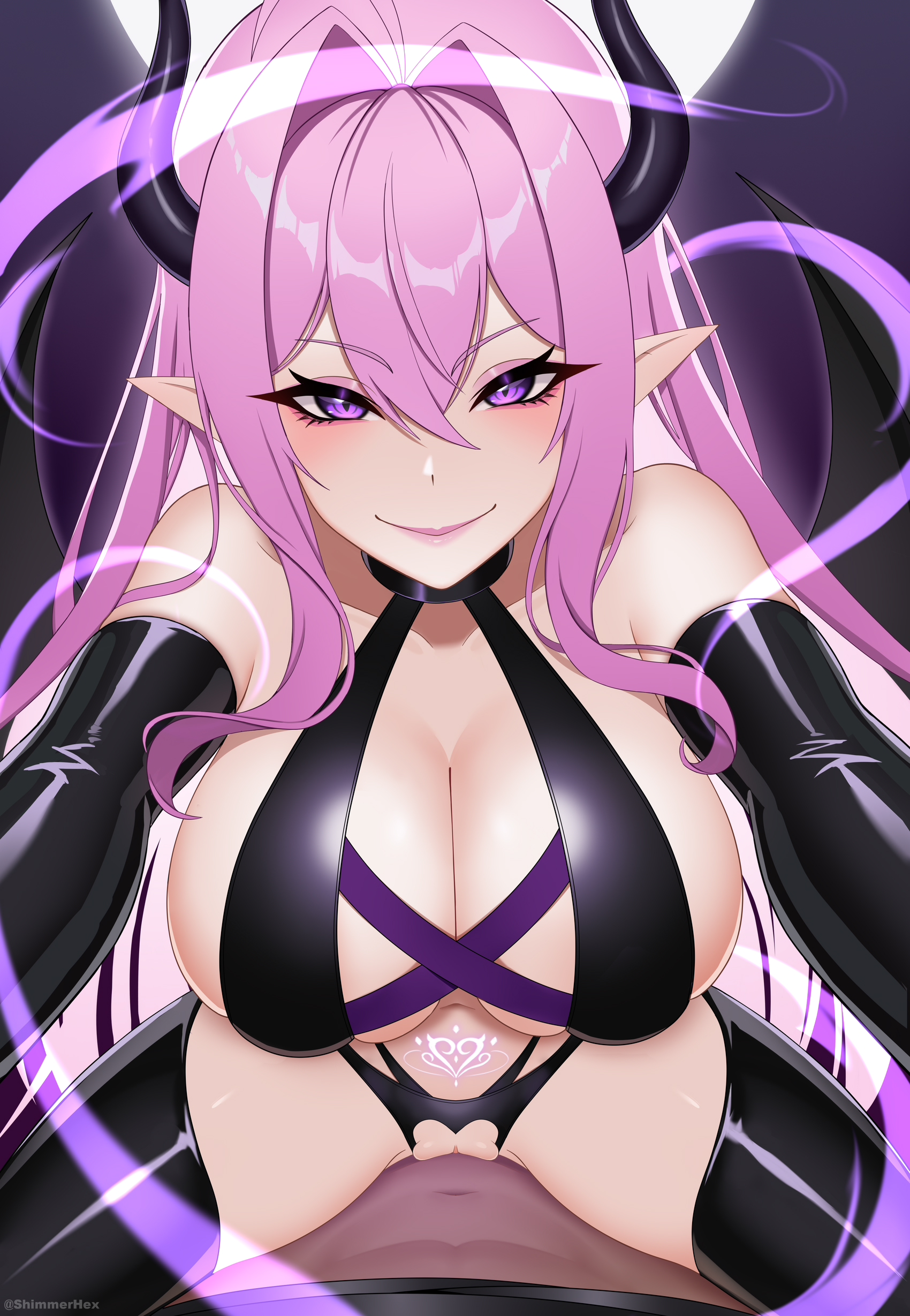 1boy, 1girls, black gloves, breasts, cowgirl position, dark skin, dark-skinned male, demon, demon girl, demon horns, energy drain, eyeshadow, female, female on top, gloves, large breasts, latex, light skin, light-skinned female, looking at viewer, male, male pov, monster girl, original, penetration, pink hair, pov, pubic tattoo, purple eyes, sex, shimmerhex, smug, succubus, succubus tattoo, thighhighs, wings