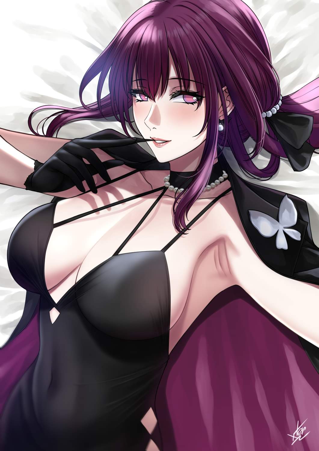 armpits big_breasts black_choker black_dress black_gloves breasts choker cleavage collarbone dress eyewear_on_head gloves hair_between_eyes highres honkai:_star_rail honkai_(series) huge_breast kafka_(honkai:_star_rail) large_breasts long_hair looking_at_viewer lying massive_breasts on_back purple_eyes purple_hair solo upper_body xtermination