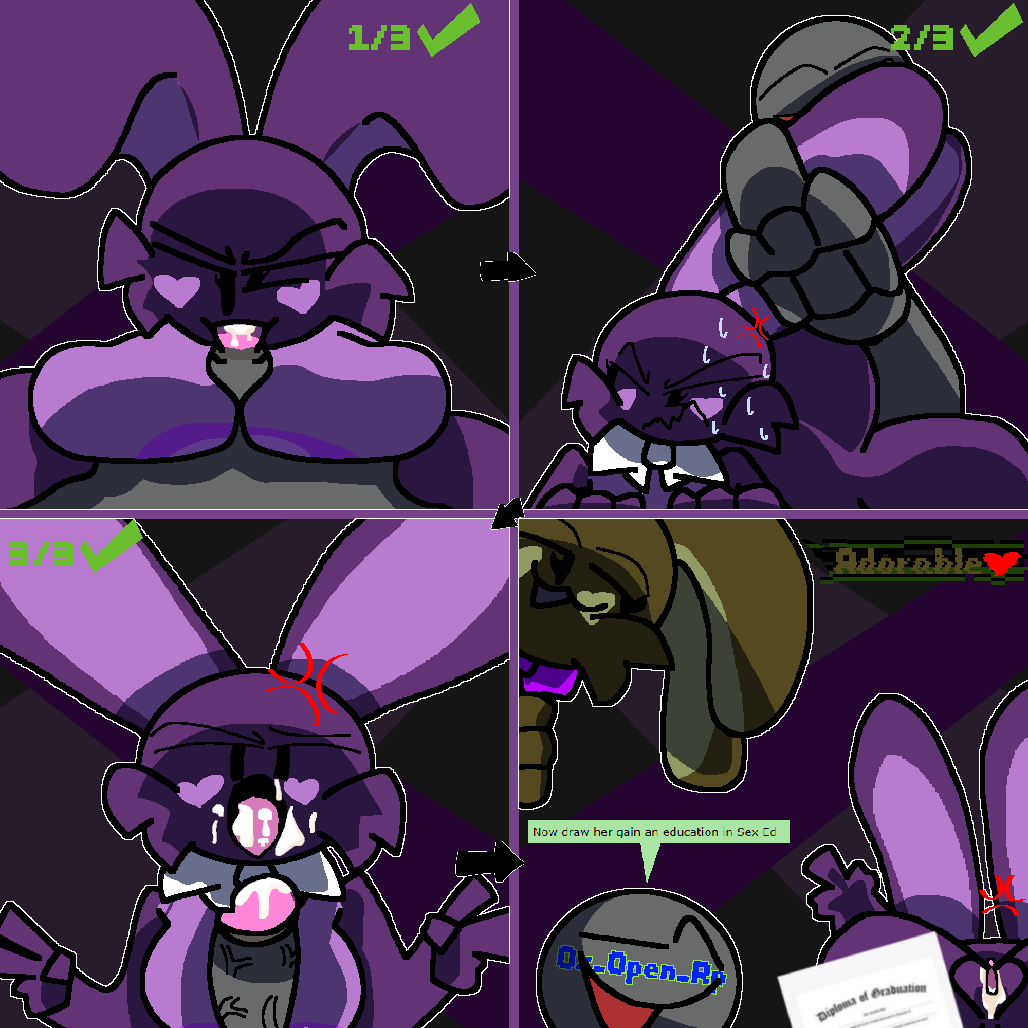 anthro big_ass big_breasts big_butt big_penis blowjob breasts chaoticdream cheek_tuft comic cum cum_in_mouth cum_in_pussy cum_inside dialogue english_text female five_nights_at_freddy's furry glitch glitchtrap male/female male_penetrating_female scottgames shadow_bonnie speech_bubble text