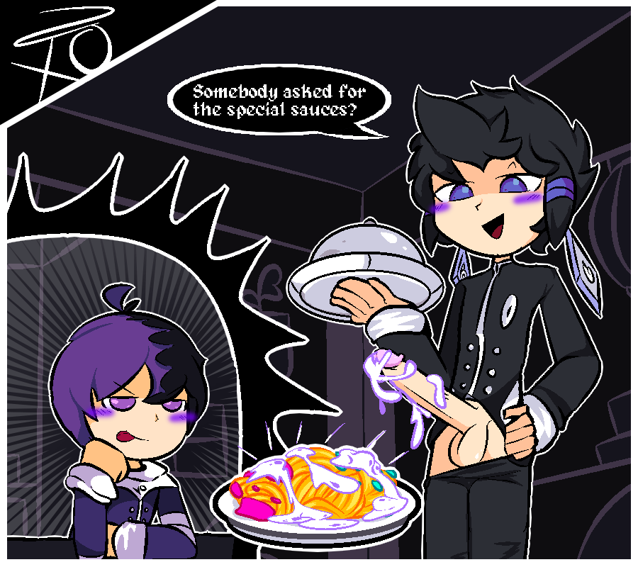 black_hair chinese_clothes cum cum_on_food cute food_play huge_cock male_focus naughty_face noble_series original_characters pale_skin purple_hair razor_xo restaurant striped teaper_tea wyrm_feng