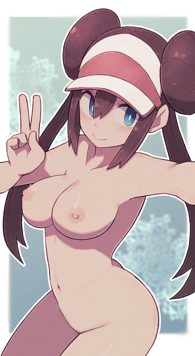 1girls, blue eyes, brown hair, double bun, female, female protagonist, human, lamb-oic029, light skin, light-skinned female, long hair, naked, nipples, nude, peace sign, pokemon, rosa (pokemon), solo, straight hair, v, v sign