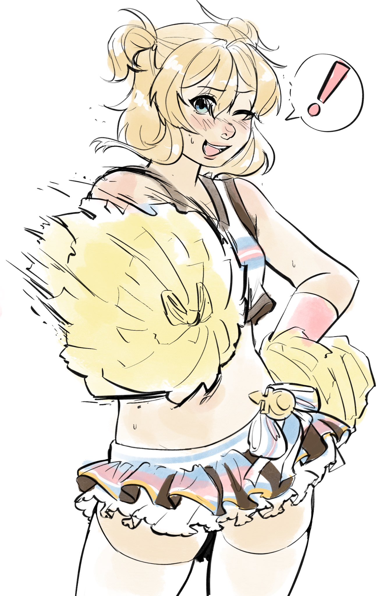 ;d, !, 1boy, artist request, bare thighs, blonde hair, blue eyes, breasts, bridget, cheerleader, cheerleader uniform, femboy, guilty gear, male, male only, midriff, short hair, small breasts, solo, source request, thighhighs, thighs, transgender pride colors, two side up