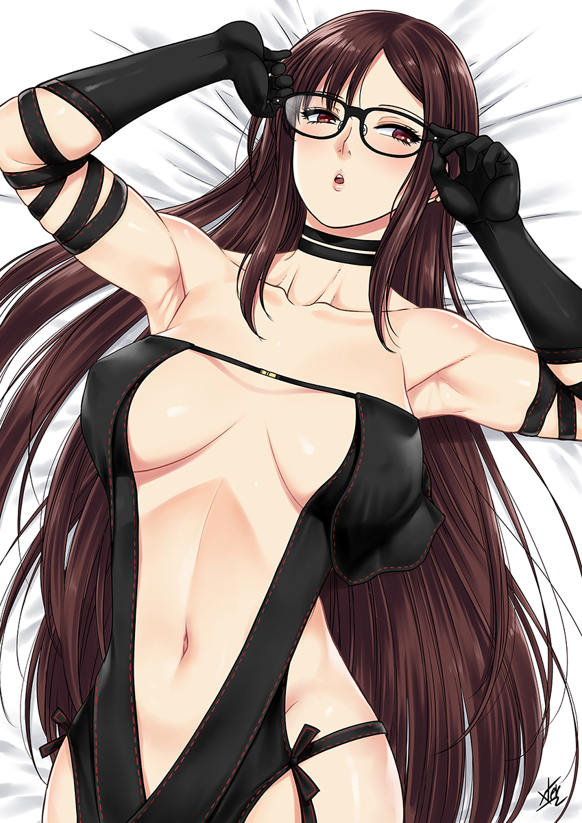armpits, black gloves, breasts, brown eyes, brown hair, choker, collarbone, covered erect nipples, fate (series), fate/grand order, female, glasses, gloves, groin, highres, long hair, looking at viewer, lying, navel, on back, parted lips, revealing clothes, solo, teeth, very long hair, xtermination, yu mei-ren (fate)