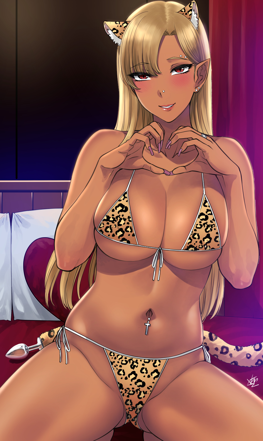 1girls bare_arms bare_belly bare_hands bare_shoulder bare_shoulders bare_stomach bare_thighs big_breasts bikini black_eyelashes blonde blonde_eyebrows blonde_female blonde_hair blonde_hair_female blush breasts cleavage cross cross_piercing dark-skinned_female dark_skin ear_piercing ear_ring earring earrings eyebrows_visible_through_hair eyelashes eyelashes_visible_through_hair fake_animal_ears fake_animal_tail fake_ears fake_tail female female_only fingernails girl_only gyaru hourglass_figure huge_breasts large_breasts legs leopard_print long_hair long_hair_female massive_breasts navel navel_piercing only_female original pierced_ears pierced_navel piercing piercings red_eye red_eyes red_eyes_female red_eyess solo solo_female string_bikini string_bra string_panties swimsuit thick_legs thick_thighs thighs woman xtermination