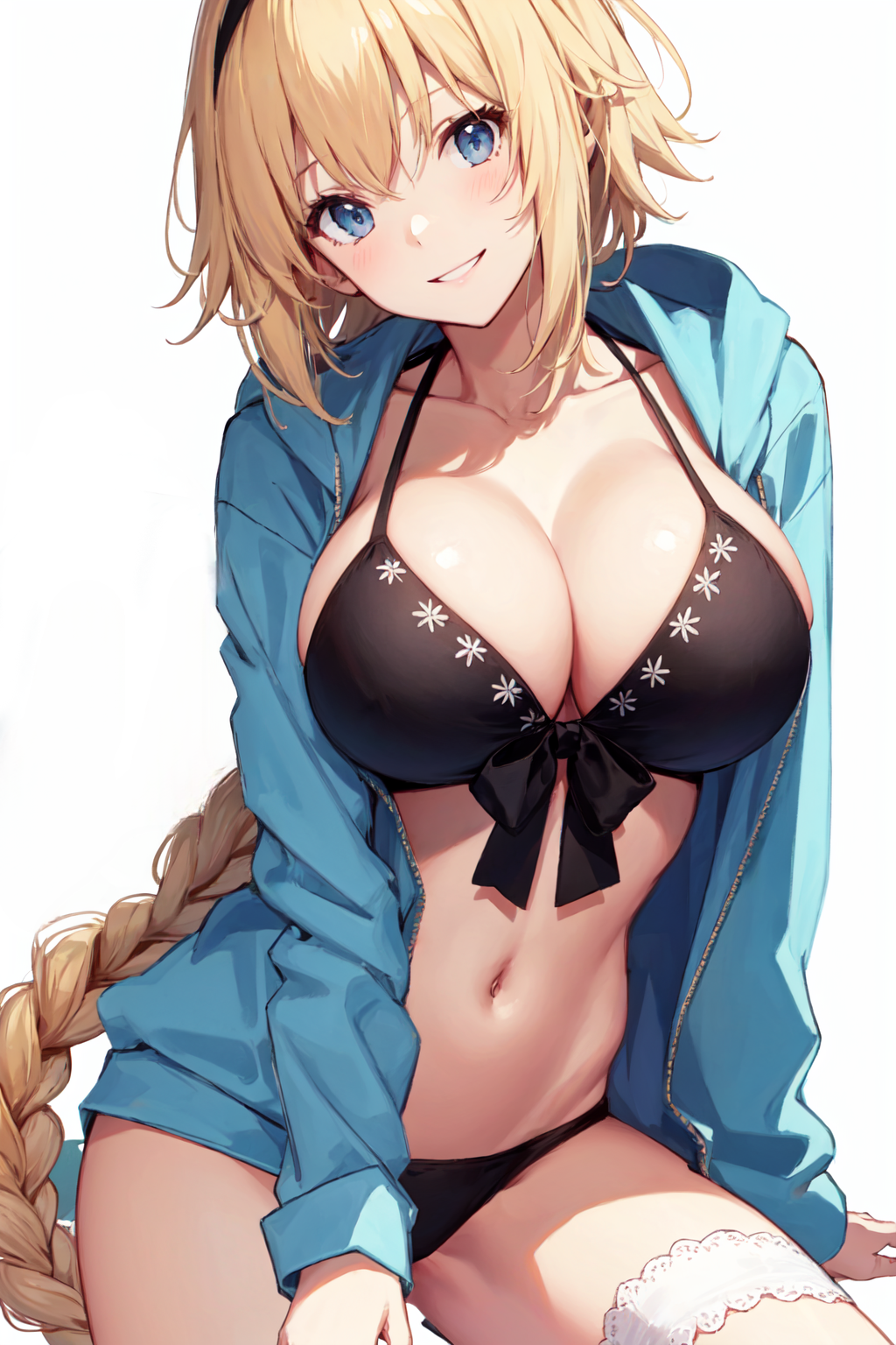 1girls ai_generated bikini blonde_hair blue_eyes braided_hair breasts fate/grand_order fate_(series) female hi_res huge_breasts jeanne_d'arc_(fate) jeanne_d'arc_(swimsuit_archer) light-skinned_female light_skin long_hair smile stable_diffusion