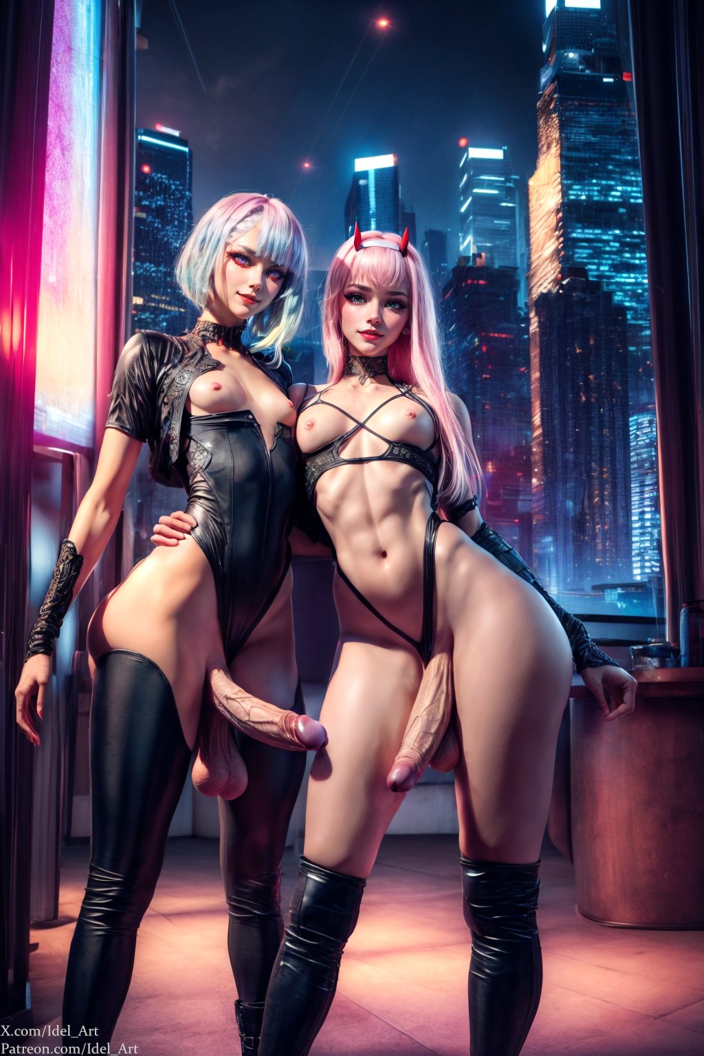 2futas, ai generated, breasts, futa only, futanari, idel art, intersex, looking at viewer, looking down, small breasts