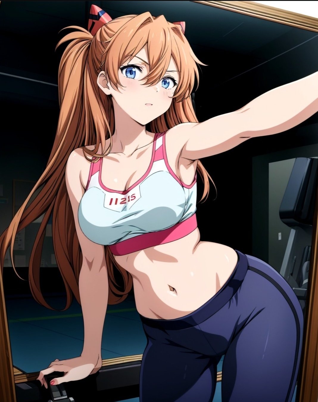 ai_generated asuka_langley_sohryu bare_shoulders belly_button blue_eyes blush breasts gym_clothes gym_uniform leggings long_hair neon_genesis_evangelion neopn_genesis_evangelion red_hair red_hair thick_thighs topwear wide_hips