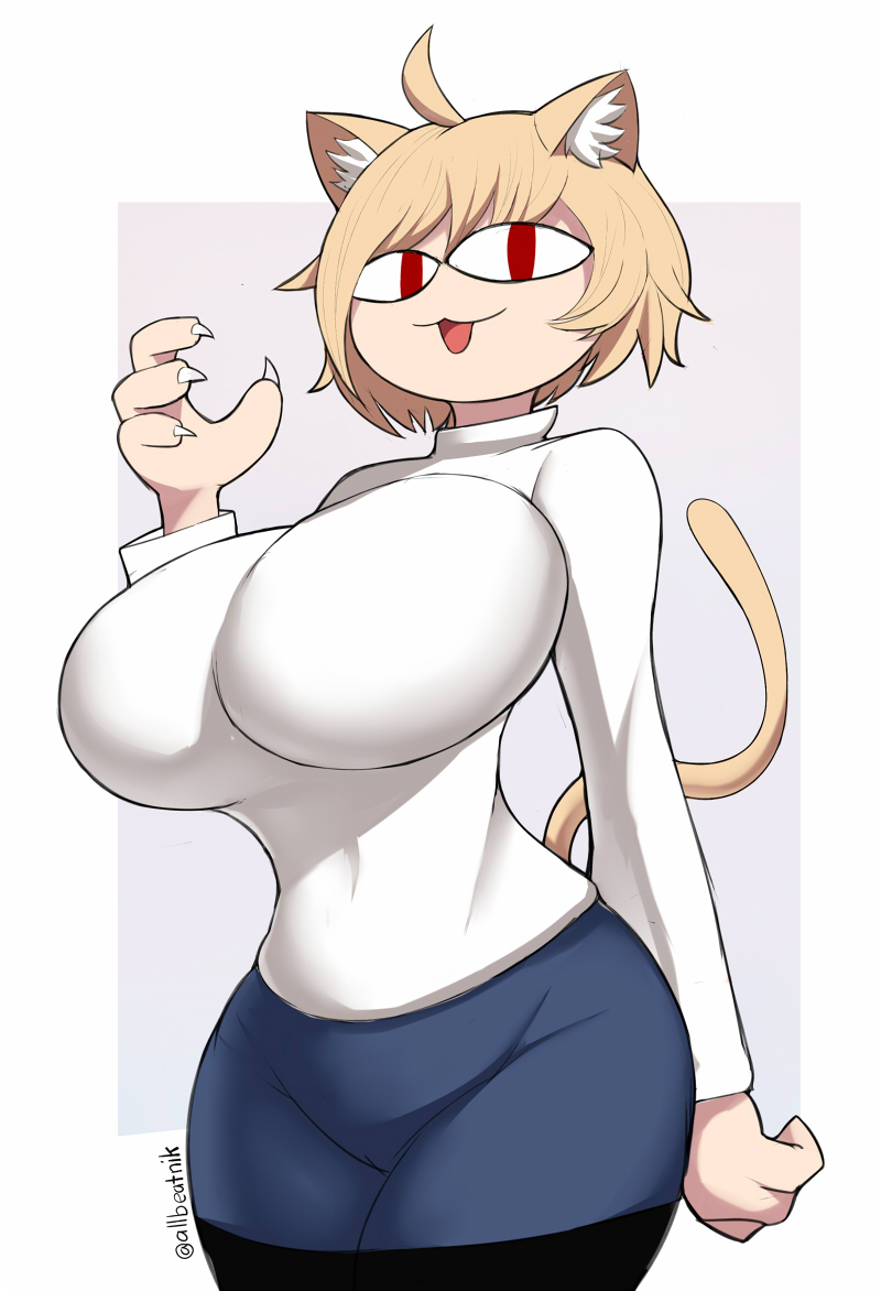 1girls allbeatnik blonde_hair breasts cat_girl catgirl hips huge_breasts huge_hips large_breasts looking_at_viewer melty_blood neco-arc short_hair smug solo taller tight tight_clothes tight_clothing tight_shirt tsukihime wide_hips