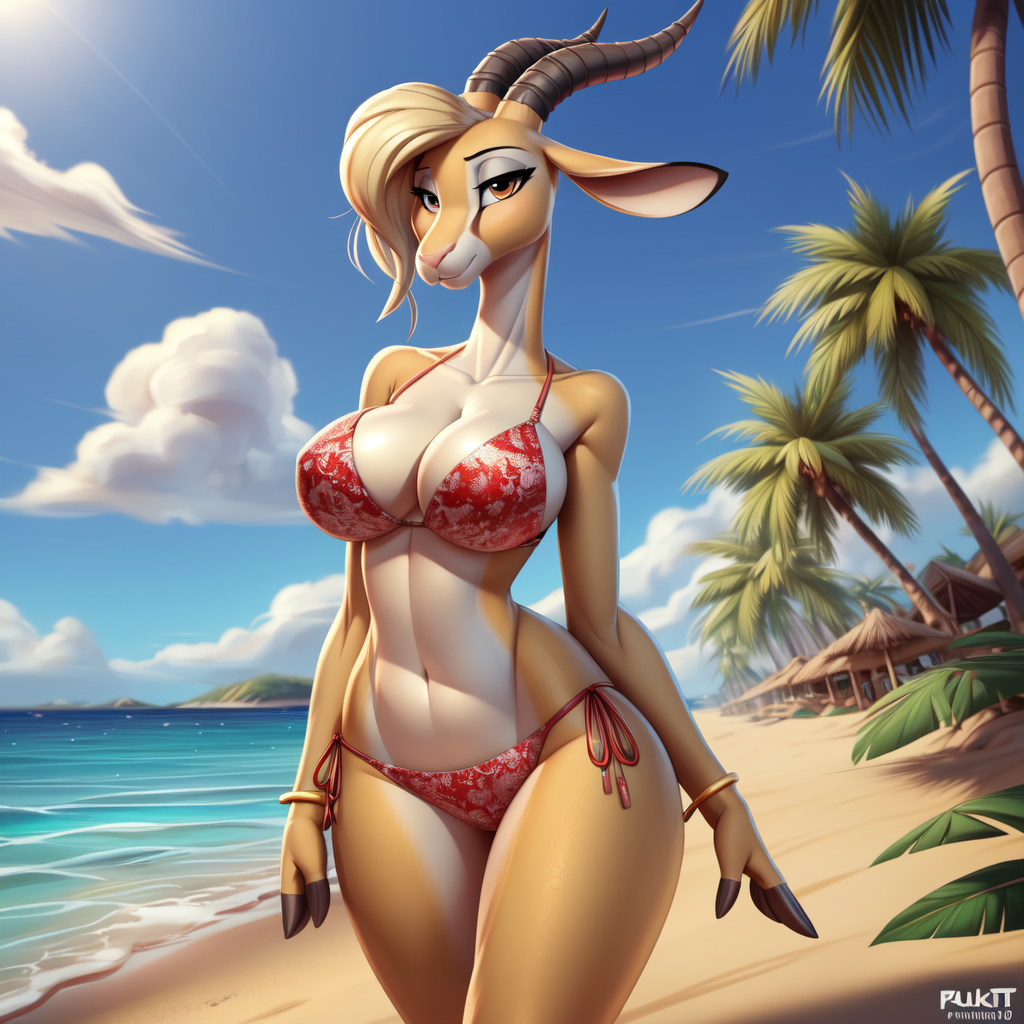 ai_generated anthro beach bikini bikini_bottom bikini_top black_horn black_horns blonde_hair blue_sky cloud clouds female furry furry_female gazelle gazelle_(zootopia) horn horns leaf leaves navel orange_body orange_eyes orange_fur outside palm_tree sand sea seaside short_hair sky stable_diffusion thick_thighs thighs tree trees two_tone_body two_tone_fur waves white_body white_fur wide_hips zootopia