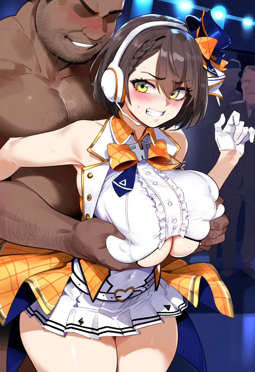 1boy 1girls ai_generated azur_lane baltimore_(azur_lane) baltimore_(muse)_(azur_lane) big_breasts breasts dark-skinned_male female female_focus groping_breasts groping_from_behind huge_breasts idol large_breasts short_hair thick_thighs thighs ugly_bastard yellow_eyes