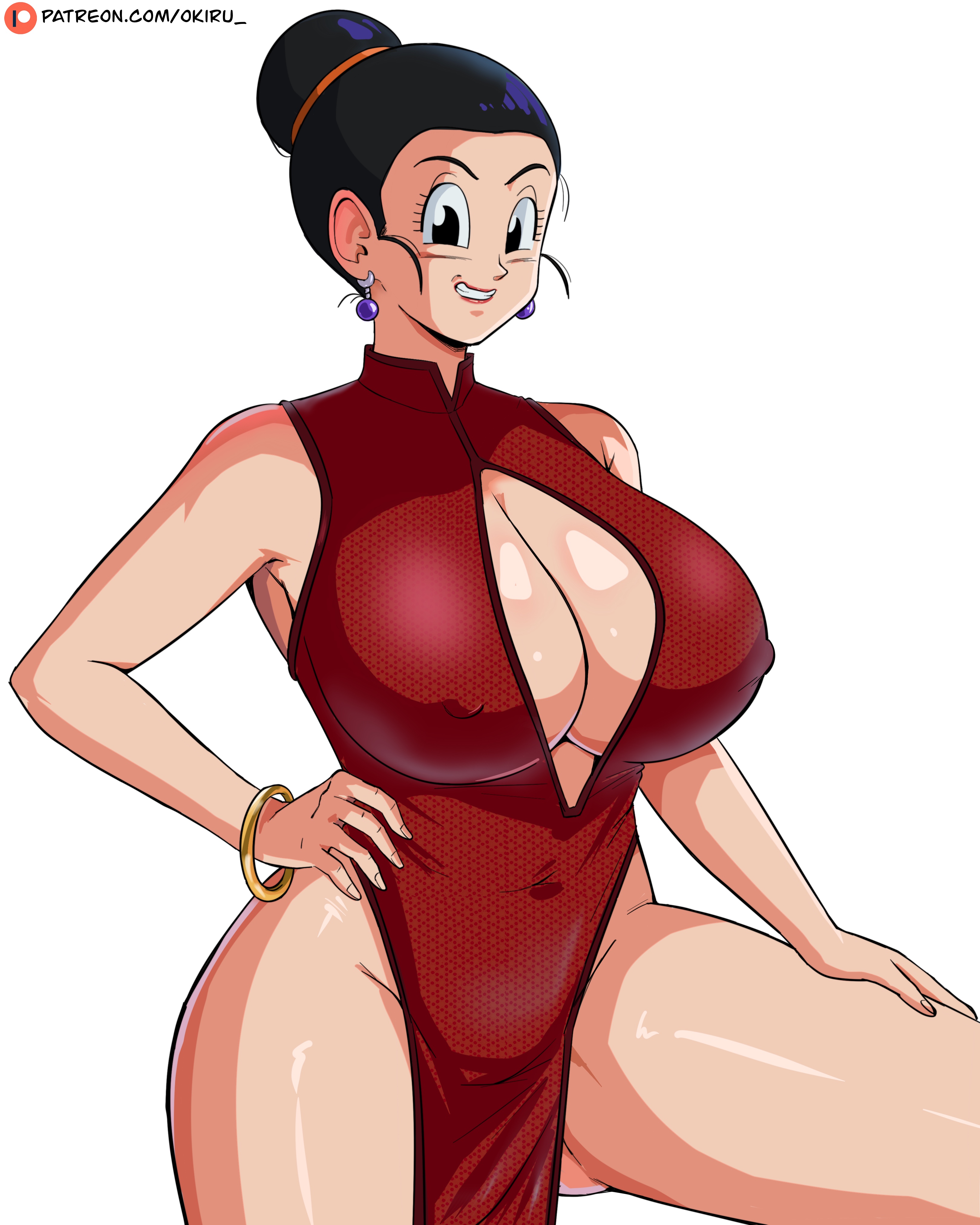 1girls, 2d, armwear, big breasts, black eyes, black hair, bracelet, breasts, chichi, chichi (majin buu saga), cleavage, clothing, dragon ball, dress, ear piercing, earrings, female, female only, full color, hair, hair bun, hips, huge breasts, mature, mature female, milf, mother, nipple bulge, no penetration, panarandom, pelvic curtain, red dress, smile, solo, solo female, thighs