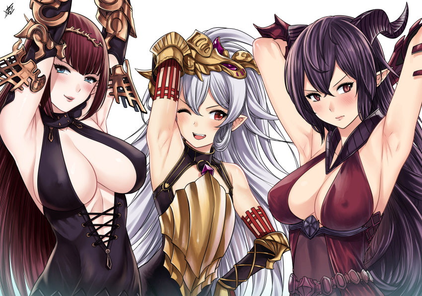 3girls armpits arms_up bare_shoulders black_dress blue_eyes blush bodysuit breasts brown_hair cleavage closed_mouth covered_erect_nipples cygames dress elbow_gloves euryale_(shingeki_no_bahamut) gauntlets gloves granblue_fantasy hair_between_eyes headpiece highres horns large_breasts lips long_hair looking_at_viewer medusa_(shingeki_no_bahamut) multiple_girls oerba_yun_fang one_eye_closed open_mouth parted_lips pointy_ears purple_hair red_dress red_eyes shingeki_no_bahamut siblings silver_hair simple_background sisters sleeveless sleeveless_dress slit_pupils smile stheno_(shingeki_no_bahamut) upper_body very_long_hair white_background xtermination