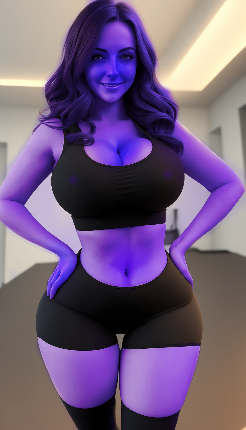 ai_generated big_breasts black_clothing black_shorts black_tank_top blue_skin blueberry blueberry_inflation breast_expansion breasts brown_hair cleavage expansion hips inflation purple_skin shorts tank_top tight_clothes tight_clothing tight_fit