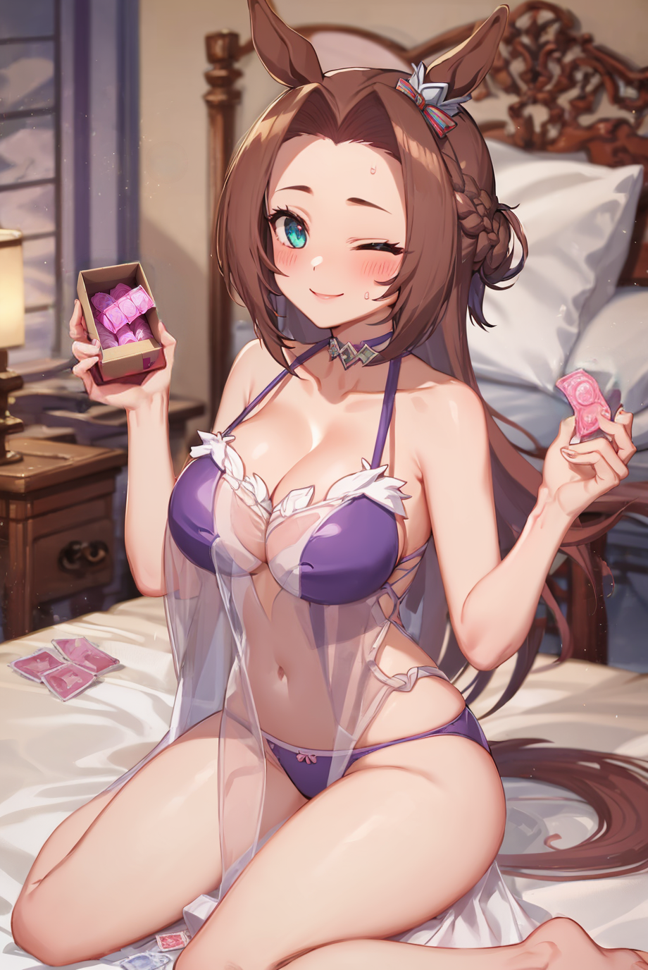 ai_generated animal_ears blue_eyes bra brown_hair female horse_girl kawakami_princess_(umamusume) long_hair negligee remon11 umamusume umamusume_pretty_derby underwear