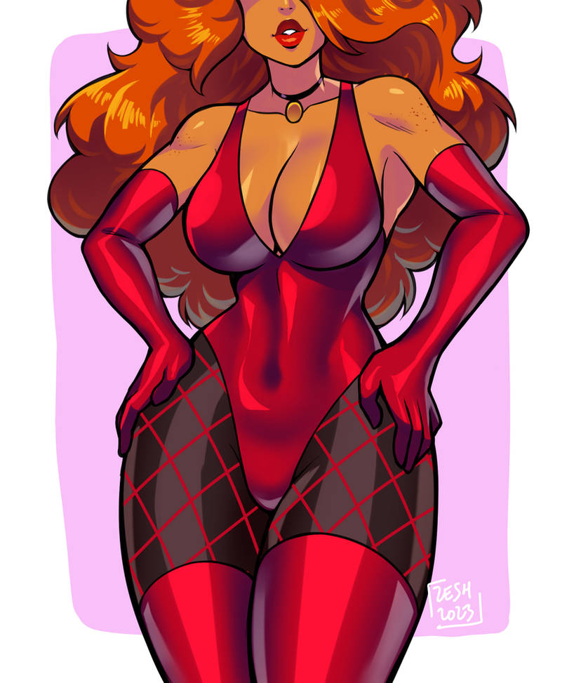 cartoon_network cleavage fishnet_stockings fishnets ginger ginger_hair hair_over_eyes latex long_hair long_legs long_red_hair milf powerpuff_girls provocative red_hair red_lips red_lipstick sara_bellum zeshgolden