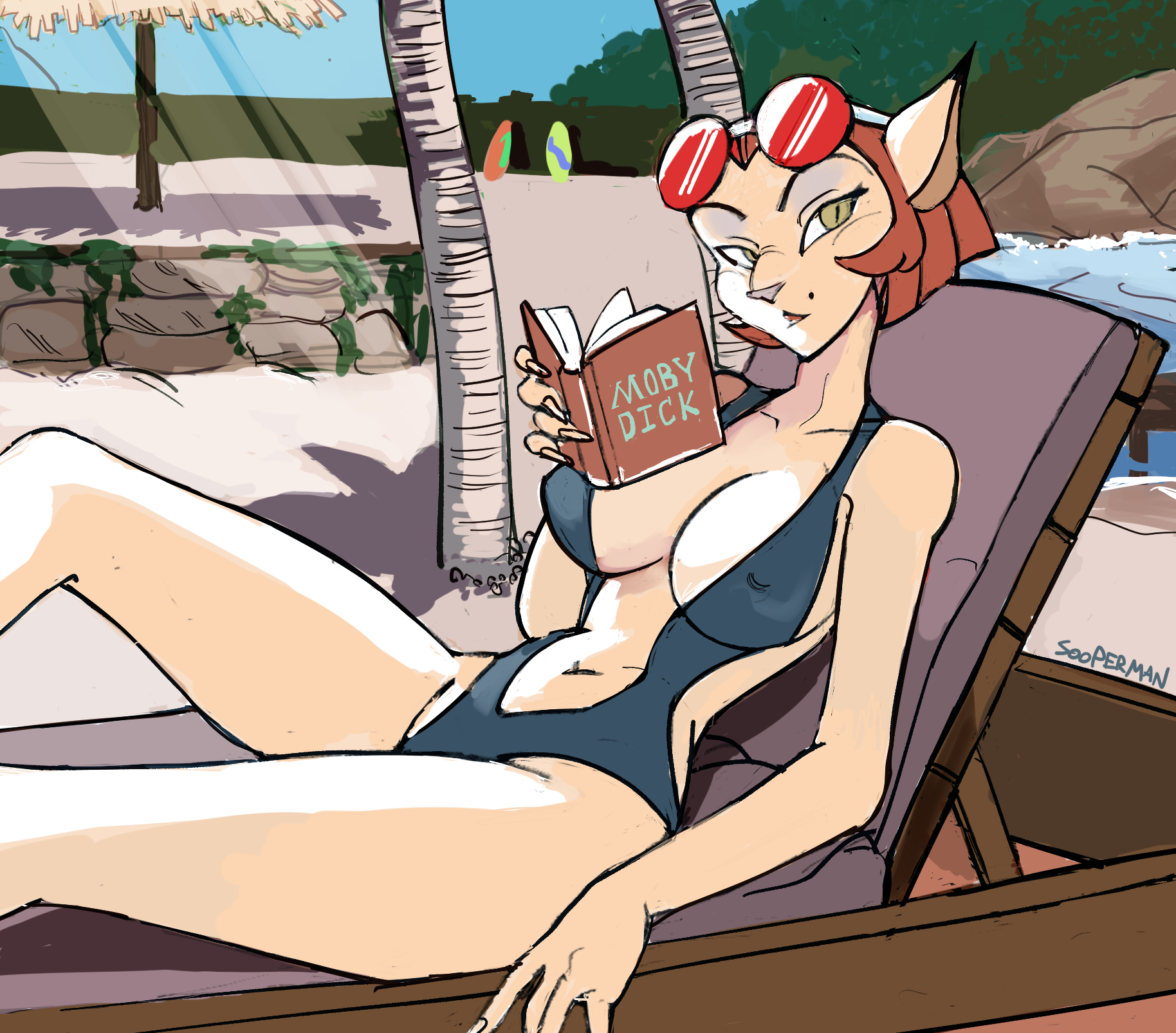 1girls, anthro, blue sky, bob cut, captain amelia, cat ears, cat girl, catgirl, cleavage, disney, eyeshadow, female, furry, island, laying down, neko, no humans, one-piece swimsuit, pool, pov, reading, red sunglasses, relaxing, resting, round sunglasses, short hair, slingshot swimsuit, sooperman, sunglasses, sunglasses on head, surprised face, swimsuit, text, treasure planet, tropical