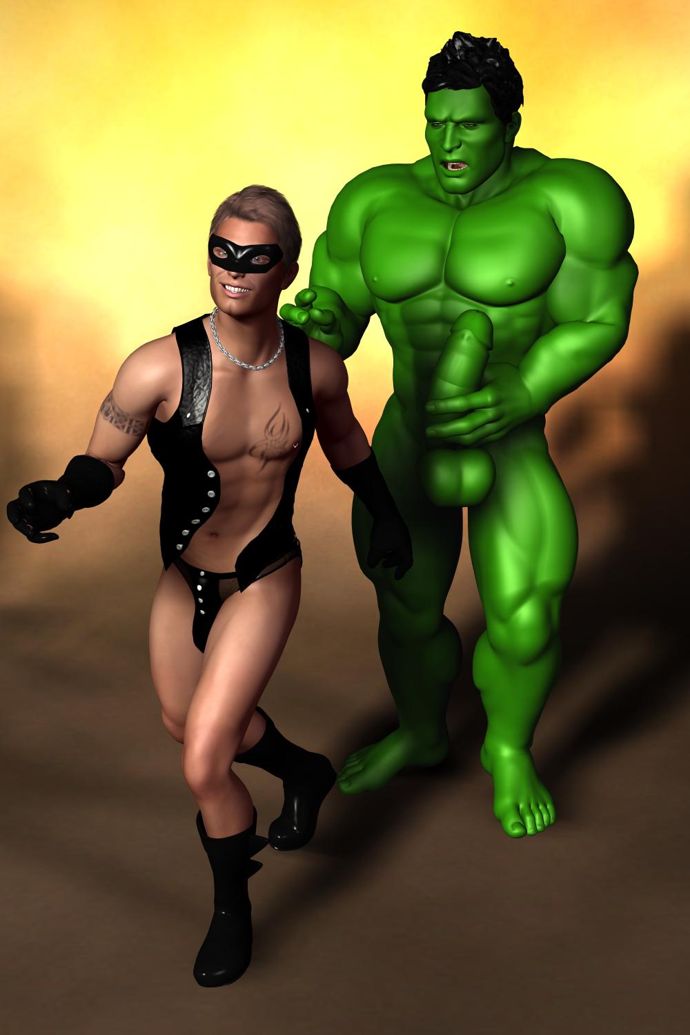 2boys 3d avengers black_hair black_thong boots brown_hair clothed_male_nude_male cmnm erect_nipples erection exposed_nipple gay gloves green_skin half-closed_eyes holding_penis hulk large_balls large_penis male male_only marvel marvel_comics mask mouth_open multiple_males nipple_piercing nipple_ring open_vest penis silver_chain tagme tattoos unknown_character yaoi