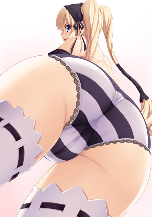 1girls angry ass ass_focus blonde_hair blue_eyes booty cameltoe ekaterina_kurae female frills frilly_panties hair no_bra panties perspective seikon_no_qwaser solo striped striped_panties thighhighs