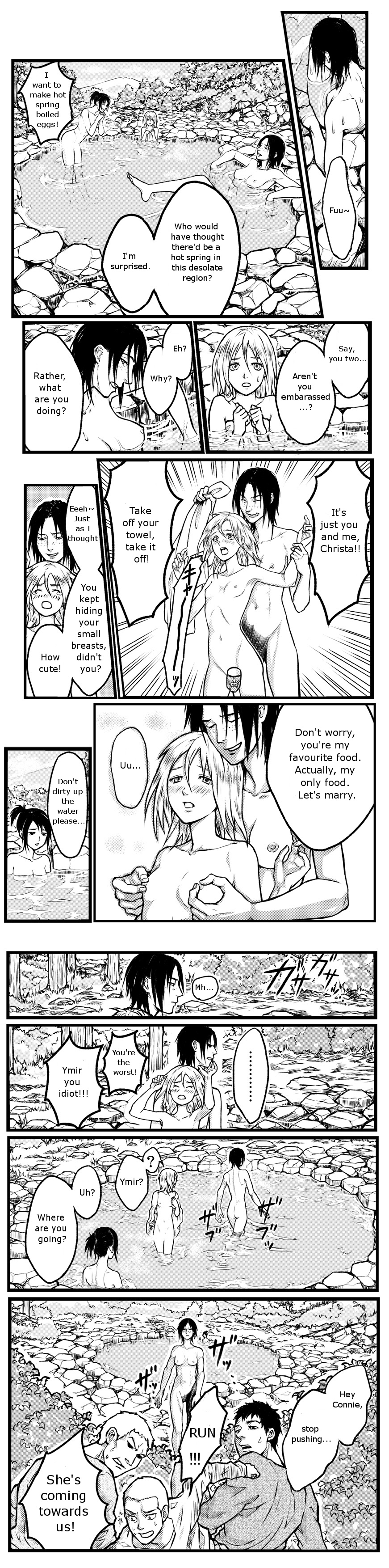 3boys 3girls abs athletic_female attack_on_titan bertolt_hoover christa_lenz comic connie_springer english_text female historia_reiss male muscular_female peeking reiner_braun sasha_braus shingeki_no_kyojin spying tagme towel_around_breasts towel_only towel_removed ymir_(shingeki_no_kyojin)