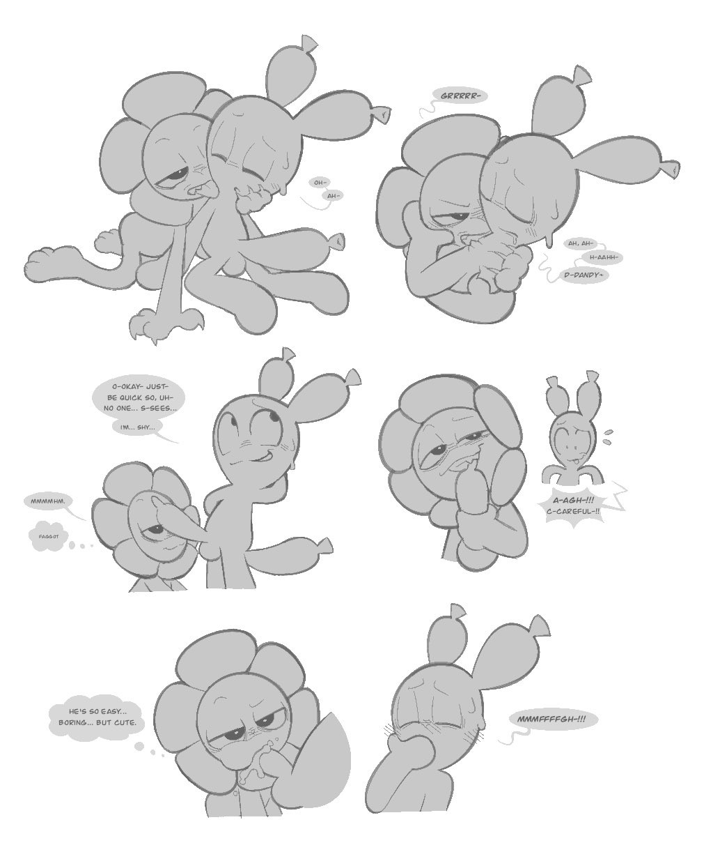 2025, animate inanimate, balloon, balls, blushcrunch studio, bodily fluids, clockstops3am, comic, cum, cum in mouth, cum inside, dandy (dandy's world), dandy's world, dialogue, duo, elemental creature, english text, fellatio, flora fauna, flower, flower creature, genital fluids, genitals, greyscale, hi res, humanoid, inflatable, intimate, labbit1337, living balloon, living inflatable, looey (dandy's world), male, male/male, monochrome, oral, orgasm, penile, penis, penis in mouth, plant, sex, stonerobjectum, text, toon (dandy's world)