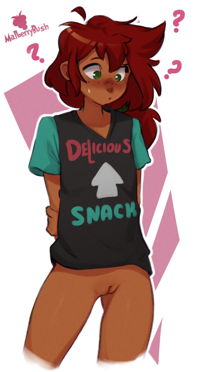 1girl, 1girls, arms behind back, blush, blushing, confused, cute, female, female focus, female only, green eyes, mal (malberrybush), malberrybush, no panties, pussy, red hair, true flat chest