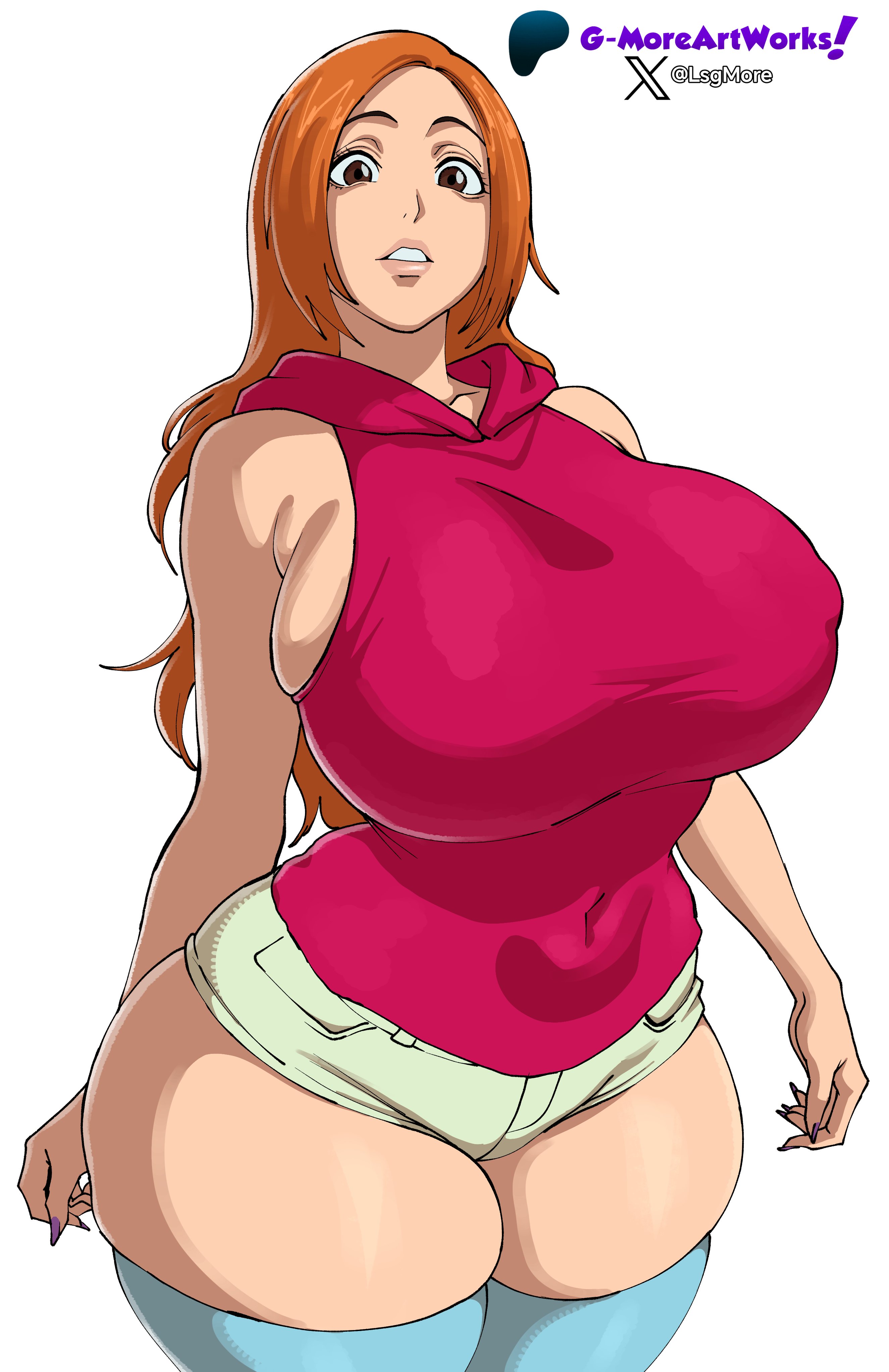 1girls, bleach, bleach: the thousand-year blood war, gmoreartworks, huge breasts, inoue orihime, thick thighs, watermark