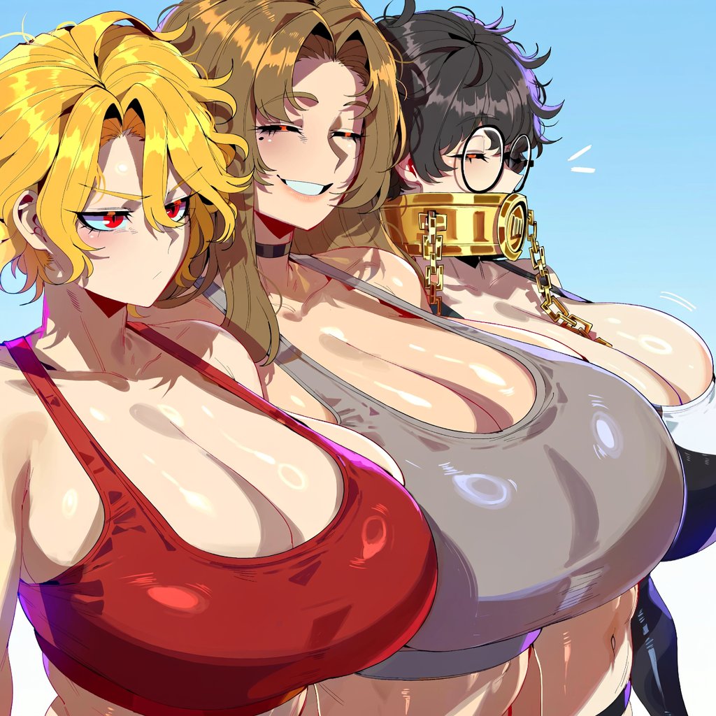 3girls, absurdres, ai generated, annoyed, bangs, bare shoulders, between breasts, big hair, black choker, black collar, black gloves, black hair, black-framed eyewear, blonde hair, blue background, blush, bra, breasts, brown hair, bursting breasts, chain, choker, cleavage, closed eyes, closed mouth, collar, collarbone, crop top, don quixote (limbus company), earrings, elbow gloves, eyebrows visible through hair, gigantic breasts, glasses, gloves, gradient background, grin, hair between eyes, hair intakes, huge breasts, impossible clothes, jitome, large breasts, light skin, light-skinned female, limbus company, long hair, looking at viewer, mature female, medium hair, messy hair, midriff, multiple girls, navel, open mouth, parted bangs, project moon, red bra, red eyes, rodion (limbus company), round eyewear, sancho (limbus company), shiny clothes, shiny hair, shiny skin, short hair, sideboob, simple background, skindentation, smile, sora (limbus company), sports bra, strap gap, tank top, tight, underwear, upper body, wavy hair, zeyayelan