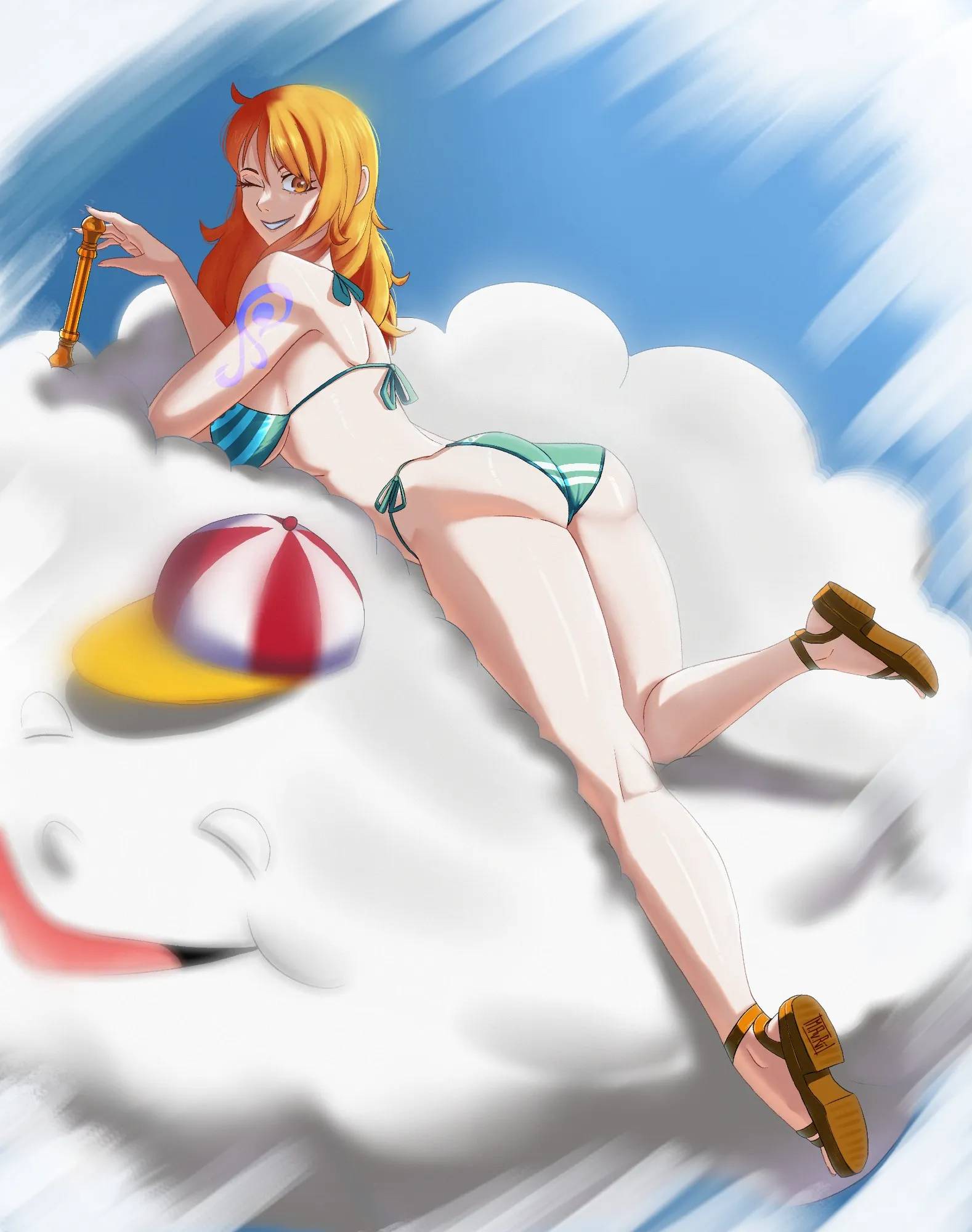;), 1girls, 2d, 2d (artwork), 2d artwork, adult, adult female, almost naked, almost nude, anime, anime character, anime girl, ankles, arm support, arm tattoo, ass, ass cleavage, ass crack, back, back-tie bikini, back-tie swimwear, bare arms, bare back, bare calves, bare hands, bare hips, bare knees, bare legs, bare shoulders, bare skin, bare thighs, big boobs, big breasts, bikini, bikini bottom, bikini only, bikini top, blue sky background, blue tattoo, breasts, brown footwear, brown sandals, busty, busty female, busty girl, butt, calves, cap, cloud, color, colored, day, daylight, daytime, digital, digital art, digital drawing, digital drawing (artwork), digital media, digital media (artwork), drawing, elbows, exposed, exposed arms, exposed back, exposed hips, exposed legs, exposed shoulders, exposed skin, exposed thighs, eye closed, eyes, fanart, female, female focus, female human, female only, female protagonist, fingernails, fingers, foot up, footwear, full body, ginger, ginger hair, gluteal fold, green bikini, green bikini bottom, green bikini top, green swimsuit, green swimwear, groin, halterneck, head tilt, hips, human, human female, human only, inframammary fold, kneepits, knees, large boobs, large breasts, lean figure, leg lift, leg up, legs, lifting legs, long hair, looking at viewer, looking back, looking back at viewer, lying, lying down, lying on breasts, lying on stomach, main character, manga character, mature, mature female, mature woman, mavrii, mostly nude, naked, naked female, naked woman, nami (one piece), narrow waist, nearly nude, nude, nude female, nudity, on breasts, on stomach, one eye closed, one eye open, one piece, open mouth, open mouth smile, orange eyebrows, orange eyes, orange hair, orange hair female, orange-eyed female, orange-haired female, outdoor, outdoor background, outdoor nudity, outdoors, outside, outside nudity, parted lips, portrait, posing, posing for the viewer, posing naked, posing nude, post-timeskip, practically nude, protagonist, resting arm, sandals, shonen jump, shoulder blades, shoulders, shueisha, side-tie bikini, sideboob, sky background, slender body, slender waist, slim female, slim waist, smile, smiley face, smiling, smiling at viewer, solo, staff, string bikini, striped bikini, striped bikini bottom, striped bikini top, striped swimsuit, striped swimwear, sun, sunlight, sunny, swimsuit, swimwear, tattoo, tattoo on arm, tattoo on arms, tattooed, tattooed arm, tattooed arms, tattooed female, tattooed girl, thick ass, thick butt, thick thighs, thighs, tilted head, toei animation, tongue, waifu, weekly shonen jump, white bikini, white bikini bottom, white bikini top, white swimsuit, white swimwear, wink, winking, winking at viewer, winking eye, woman, zeus (one piece)