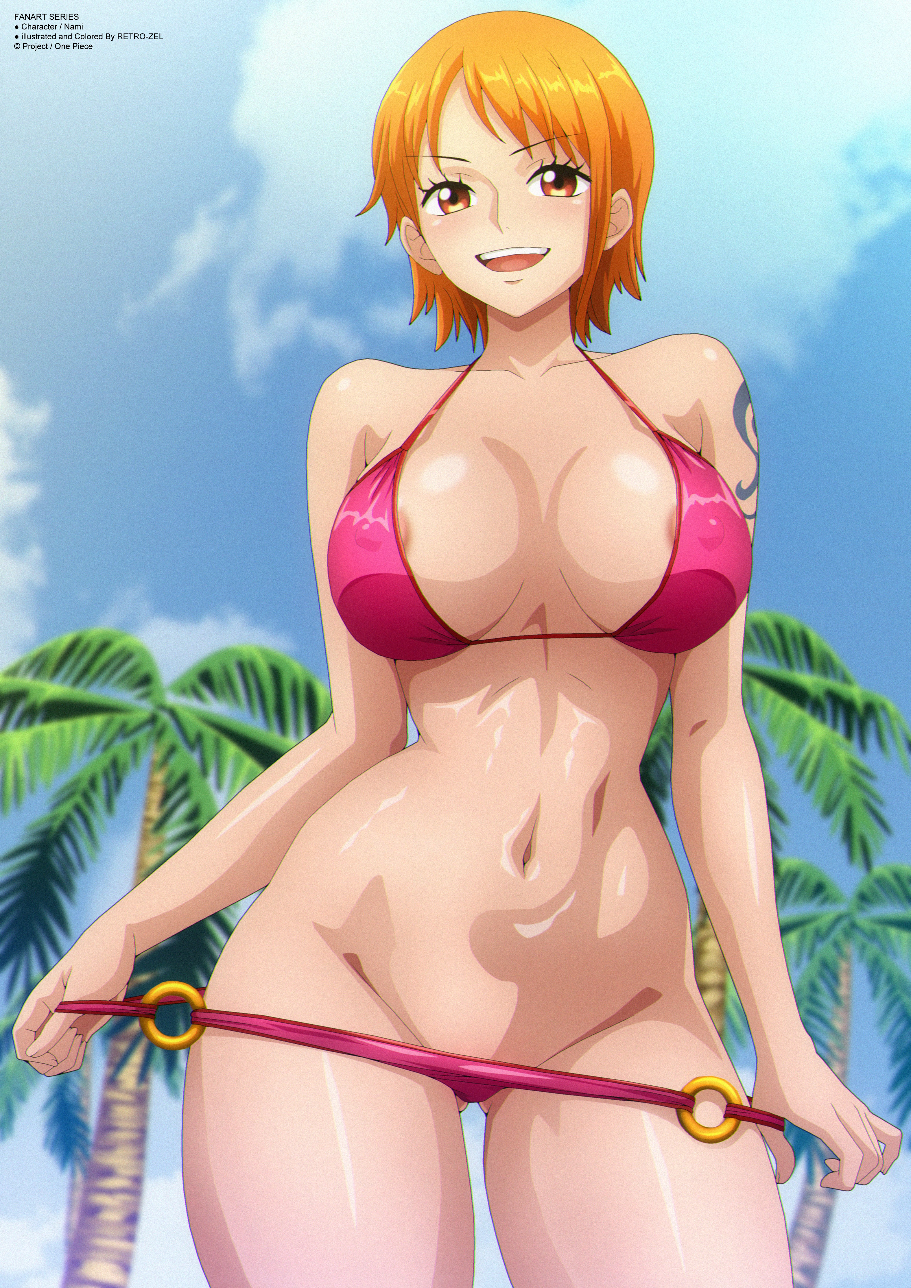 1girls, arm tattoo, beach, big breasts, bikini, bikini bottom, bikini bottom pull, blue sky, blue tattoo, breasts, busty, curvy, female, female only, nami (one piece), nipple slip, nipples, one piece, orange hair, orange-haired female, outdoors, pre-timeskip, pulling bikini, sexy, sexy body, short hair, smile, solo, tattoo, thick thighs, wide hips, zel-sama