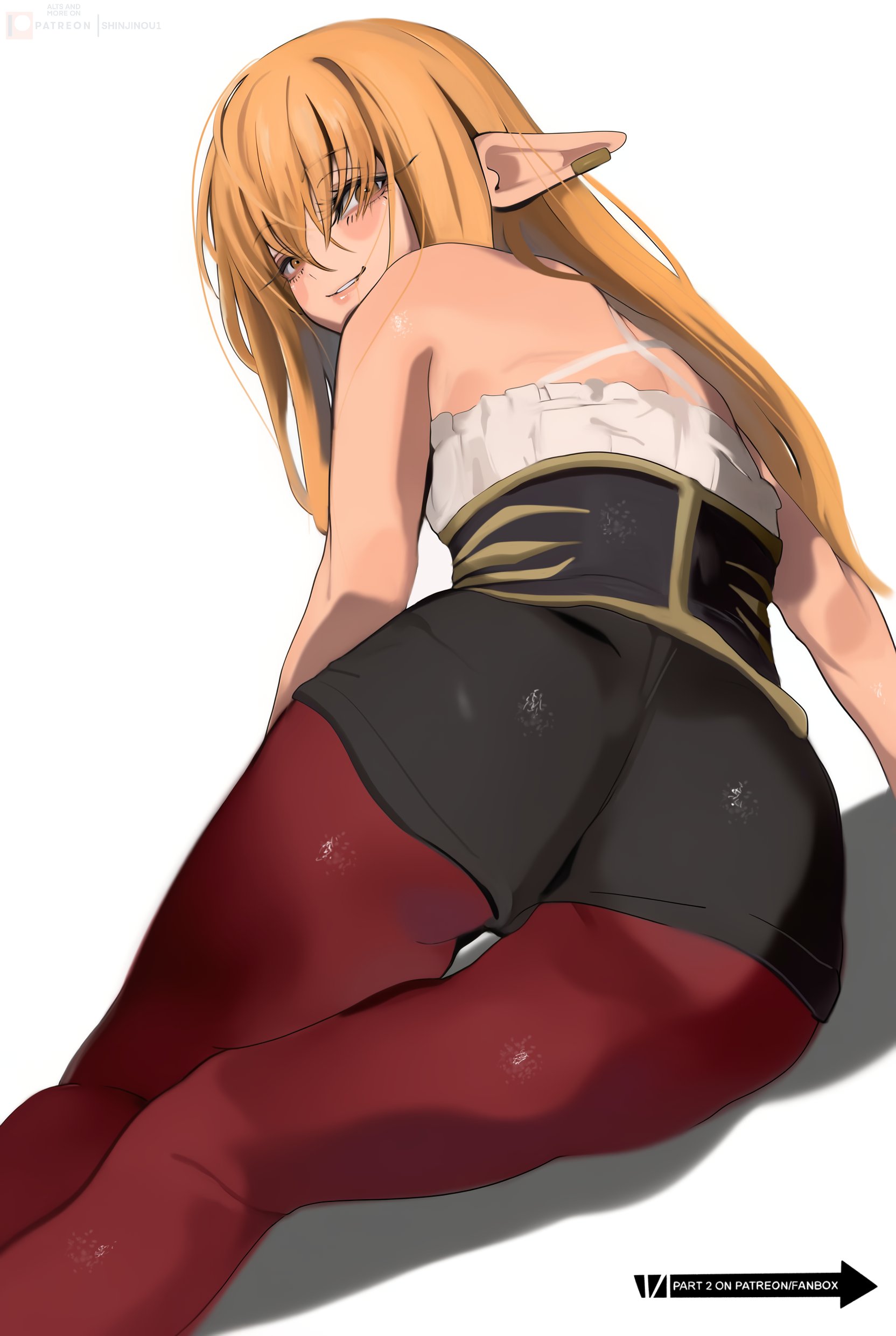 1girls, big ass, big thighs, clothed, clothing, curvy, curvy body, curvy female, curvy figure, curvy hips, elf, elf ears, elf female, looking at viewer, looking back, pinup, presenting, presenting hindquarters, serie (sousou no frieren), shinjinou, sousou no frieren, thick legs, thick thighs, thighs, wide hips, wide thighs