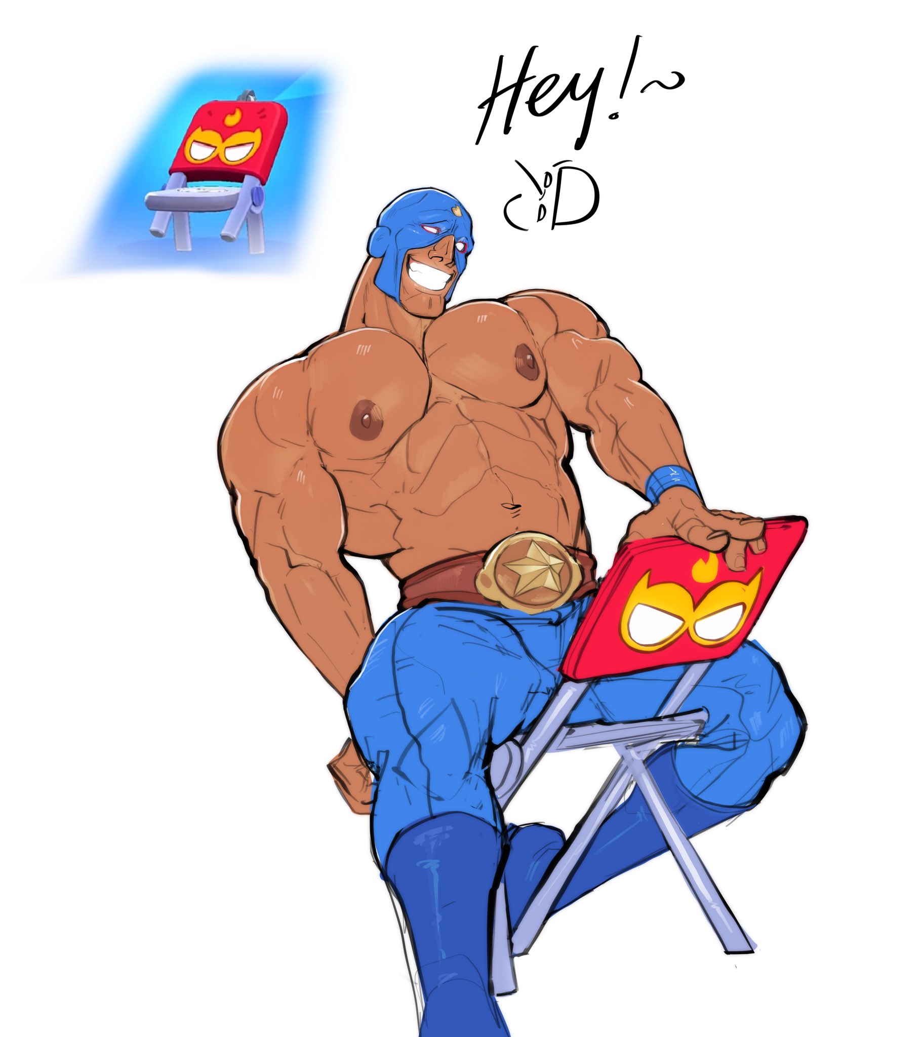 bara, brawl stars, chair, el primo (brawl stars), lurisuet, male only, masked, muscular male, nipples, sexy pose, simple background, smiling, solo, tagme, topless