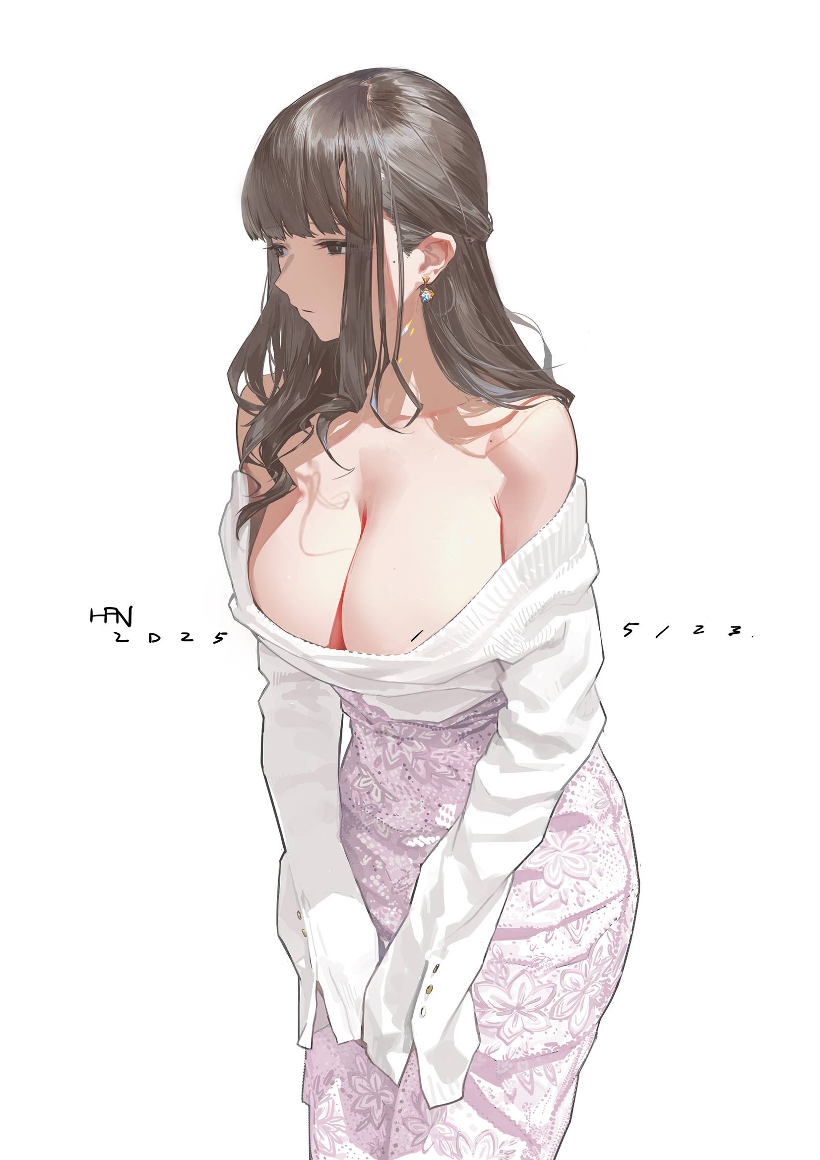 1girls, 2d, 2d (artwork), 2d artwork, adult, adult female, background, bangs, big boobs, big breasts, blank background, blunt bangs, breasts, brown eyebrows, brown eyes, brown hair, brown-eyed female, brown-haired female, brunette, brunette female, brunette hair, brunette-haired female, busty, busty female, busty girl, cleavage, clothes, collarbone, color, colored, cowboy shot, digital, digital art, digital drawing, digital drawing (artwork), digital media, digital media (artwork), drawing, dress, ear piercing, earrings, eye-level view, eyebrows, eyebrows visible through hair, eyes, facing viewer, female, female focus, female only, from front, front view, hair, half updo, half-closed eyes, han-0v0, hand on leg, hand on own leg, hand on own thigh, hand on thigh, hands on legs, hands on own legs, hands on own thighs, hands on thighs, huge boobs, huge breasts, large boobs, large breasts, lean figure, leg out of frame, legs out of frame, long hair, looking sideways, looking to the side, mature, mature female, mature woman, monotone background, narrow waist, oc, one color background, original, original art, original artwork, original character, original female character, outfit, pierced ear, plain background, plump breasts, portrait, profile, shoulders, sidelocks, slender body, slender waist, slim female, slim waist, solid color background, solo, standing, tight clothes, tight dress, tight outfit, tight topwear, top view, topwear, touching leg, touching legs, touching own leg, touching own legs, touching own thigh, touching own thighs, touching thigh, touching thighs, upper body, white background, woman