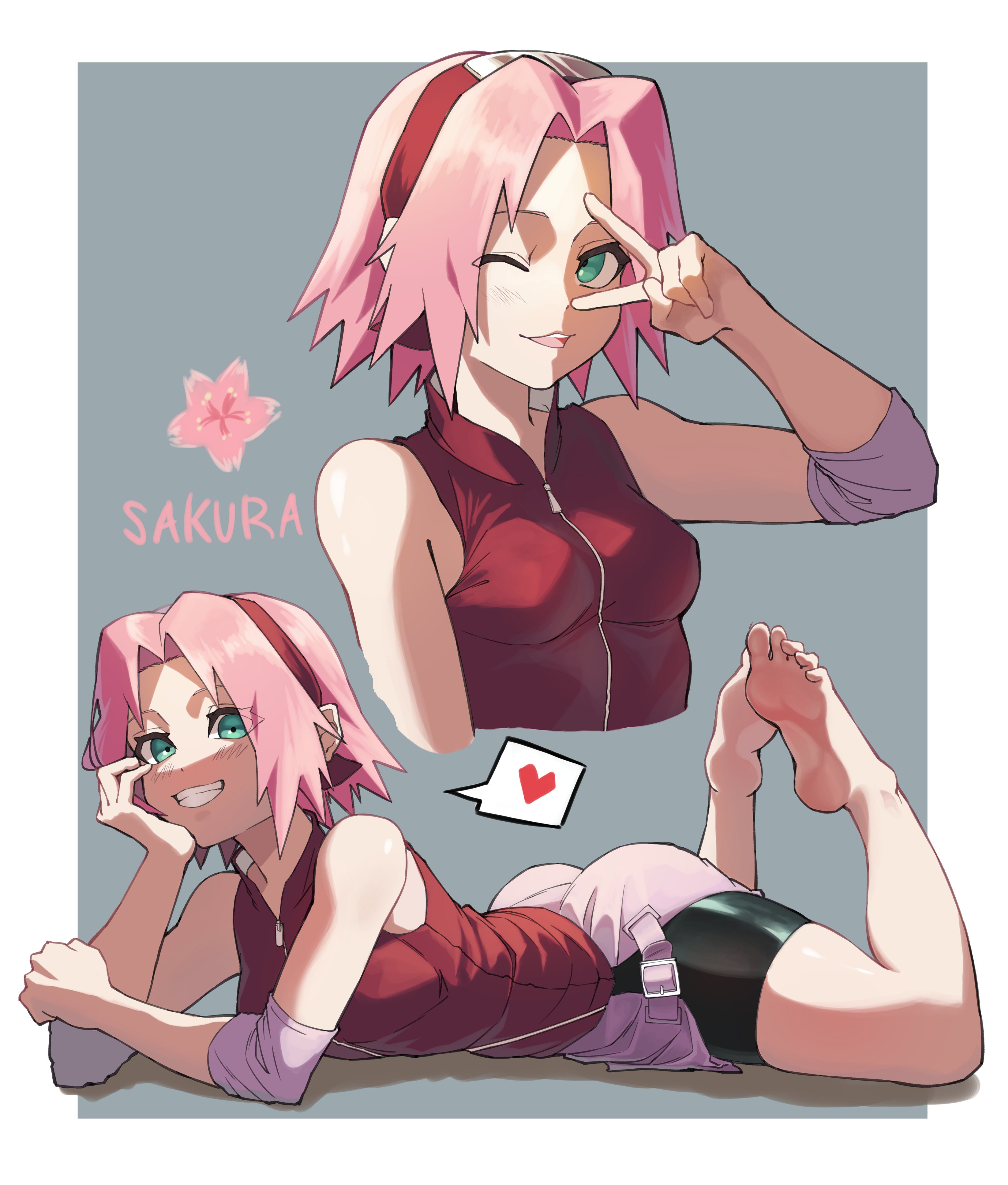 1girls, absurd res, absurd resolution, absurdres, artist request, bare legs, bare thighs, barefoot, bike shorts, blush, bob cut, cherry blossom, cherry blossoms, clothed, clothing, cute, elbow pads, english text, feet, feet together, feet up, female, female focus, female only, foot fetish, foot focus, fully clothed, green eyes, gym shorts, haruno sakura, haruno sakura (shippuden), headband, heart, heart symbol, hi res, high resolution, highres, jacket, legs up, love heart, lying, lying on stomach, medium hair, minishorts, miniskirt, naruto, naruto (series), naruto shippuden, on front, on stomach, one eye closed, open mouth, peace sign, perky breasts, petite, petite body, petite breasts, petite female, pink hair, pink skirt, pinup, presenting feet, presenting soles, red jacket, sakura haruno, sakura haruno (shippuden), shonen jump, short shorts, short skirt, shorts, shoulder length hair, shounen jump, shueisha, skirt, sleeveless shirt, small breasts, smile, smiling, smiling at viewer, soles, soles up, solo, solo female, solo focus, tease, teasing, teasing viewer, teen, teen girl, teenage female, teenage girl, teenager, teeth, teeth showing, teeth visible, text, toes, tomboy, v, very high resolution, weekly shonen jump, weekly shonen magazine, weekly shounen jump, wink, winking, winking at viewer