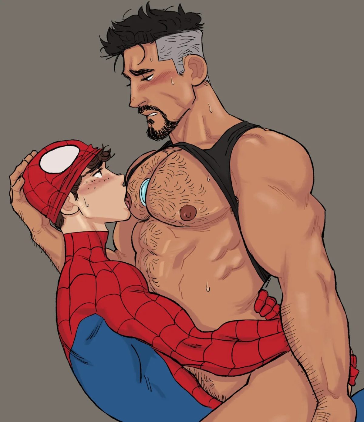 1boy, 1male, age difference, bara, big pecs, black hair, chest hair, color, colored, duck deans, gay, gay male, hairy chest, head grab, iron man, male only, marvel, marvel cinematic universe, mask on head, muscles, older male and younger male, peter parker, simple background, spider-man, spider-man (series), sucking nipples, tagme, tony stark, yaoi