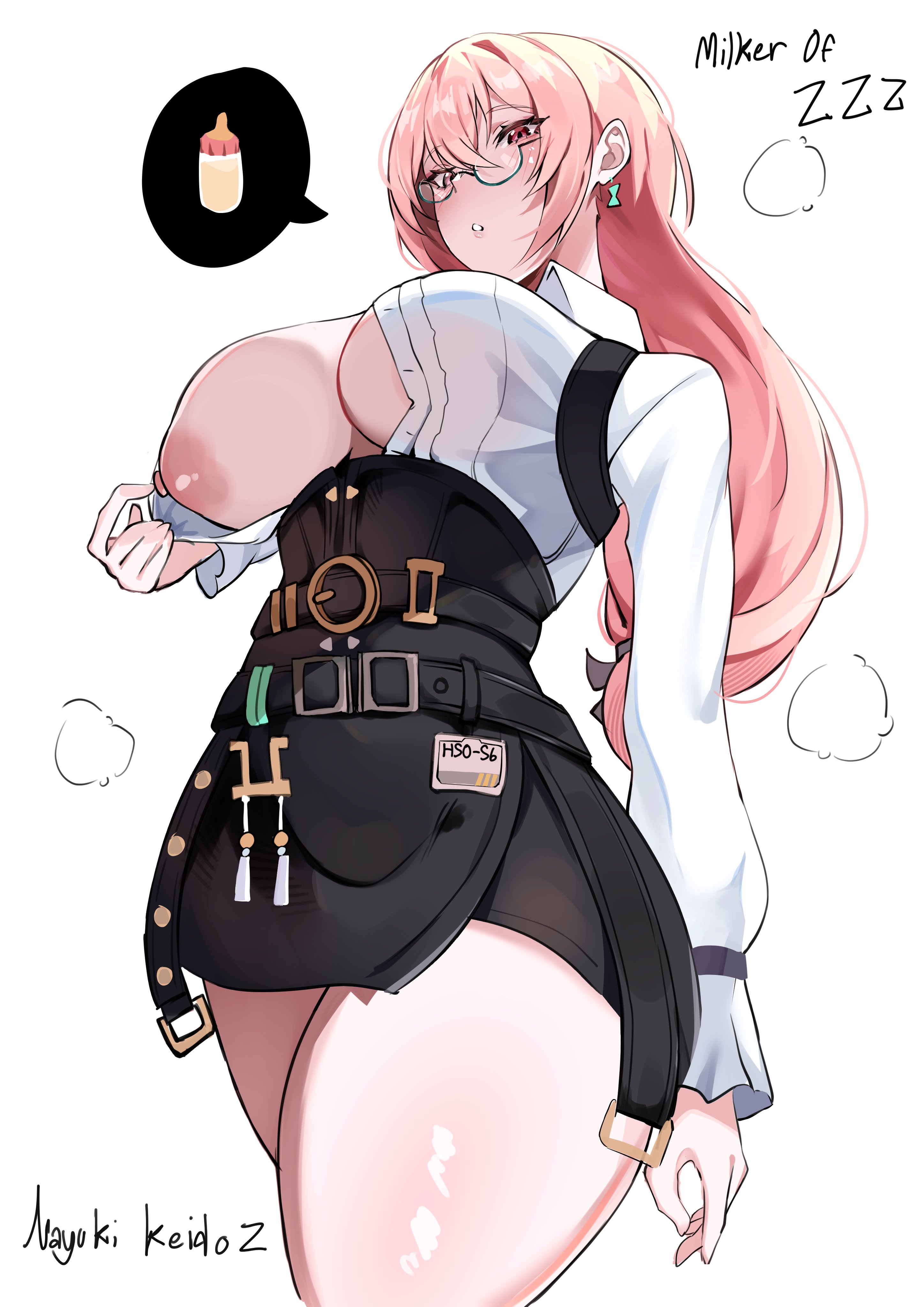 1girls, areolae, artist name, baby bottle, big breasts, black skirt, bottle, breast focus, breasts, breasts out, ear piercing, earrings, english, english text, exposed breasts, eyewear, female, female only, glasses, hair, hips, huge breasts, nipples, one breast out, pencil skirt, pink eyes, pink hair, shirt, skirt, solo, solo female, speech bubble, tagme, tagme (artist), text, thick thighs, thighs, tsukishiro yanagi, white background, white shirt, zenless zone zero
