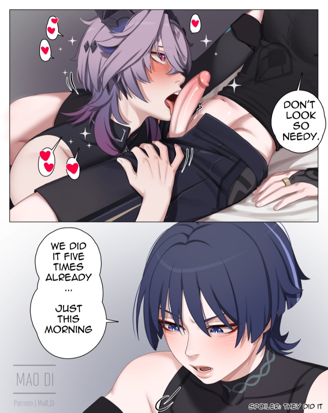 angry expression, angry eyes, angry face, angry sub, annoyed, annoyed expression, annoyed face, big cock, big penis, blowbang, blowjob face, blowjob focus, blowjob gesture, brat, bratty, comic, comic page, comic panel, cute male, durin (genshin impact), gay, gay blowjob, genshin impact, mao di, on knees, scaramouche (genshin impact), submissive, submissive male, sucking, sucking dick, sucking off, sucking penis, sucking tip, tongue, tongue out, tongue out blowjob, wanderer (genshin impact)