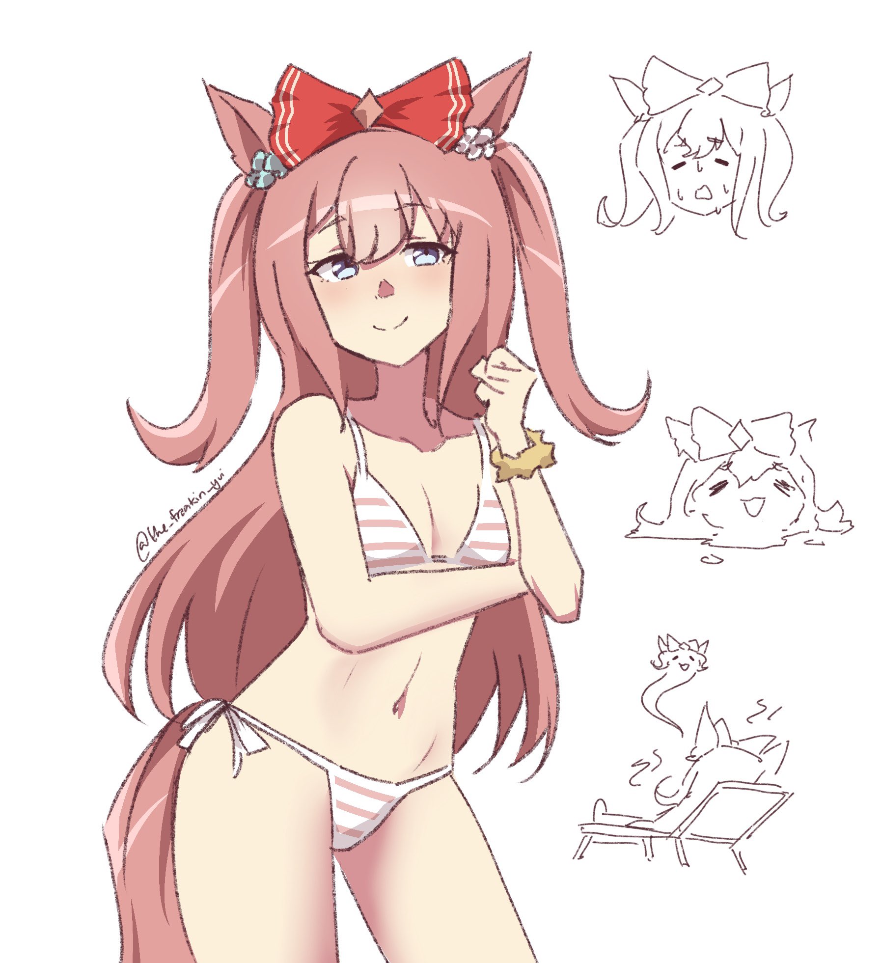 :), 2d, 2d (artwork), agnes digital (umamusume), barely clothed, beach, beach chair, bikini, bow, bowtie, bra, clothed, horse ears, horse girl, horse tail, looking to the side, melting, panties, pink hair, smile, swimsuit, the freakin' yui, umamusume